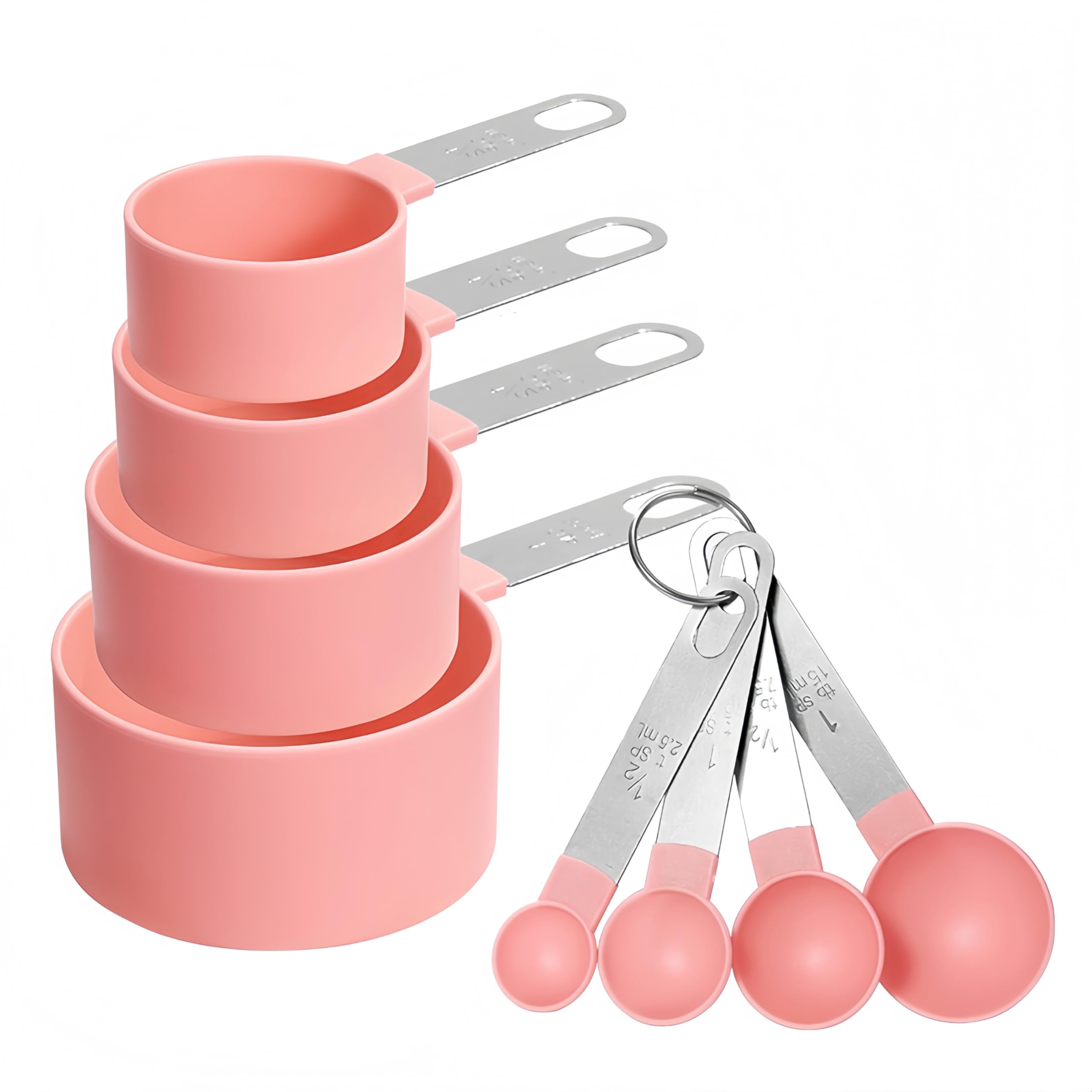 Juego de 8 tazas y cucharas medidoras, incluye 4 tazas medidoras de acero inoxidable y 4 mini cucharas medidoras, mango apilable, cuchara precisa para medir ingredientes secos y líquidos (rosa)