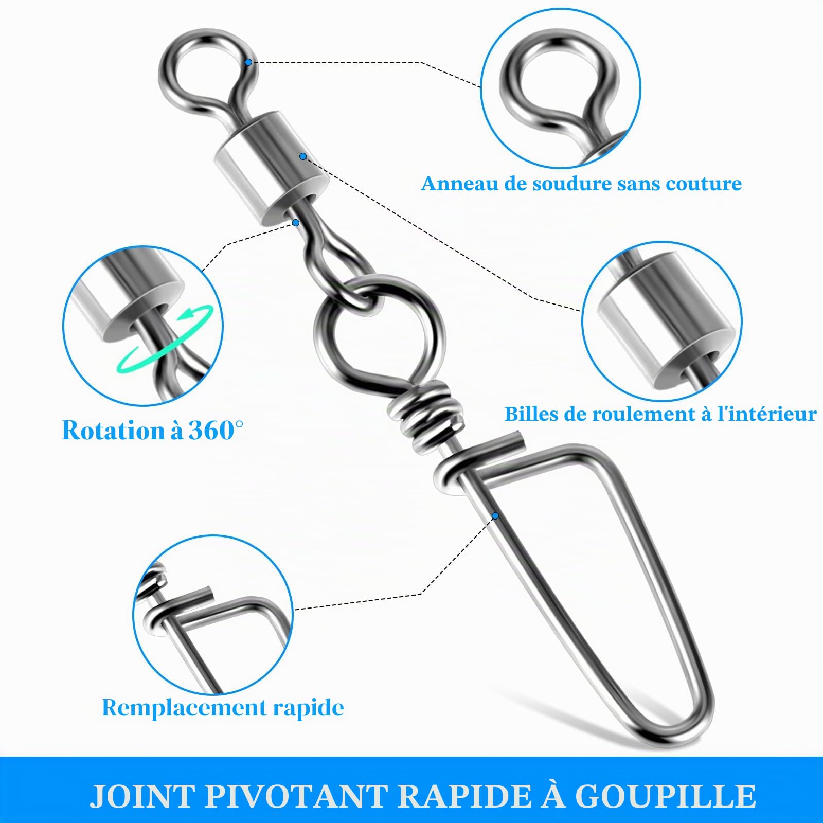 Amaxiu Angel Snap Lot de 25 émerillons haute résistance pour la pêche en acier inoxydable avec connecteur résistant à la corrosion pour eau salée et eau douce