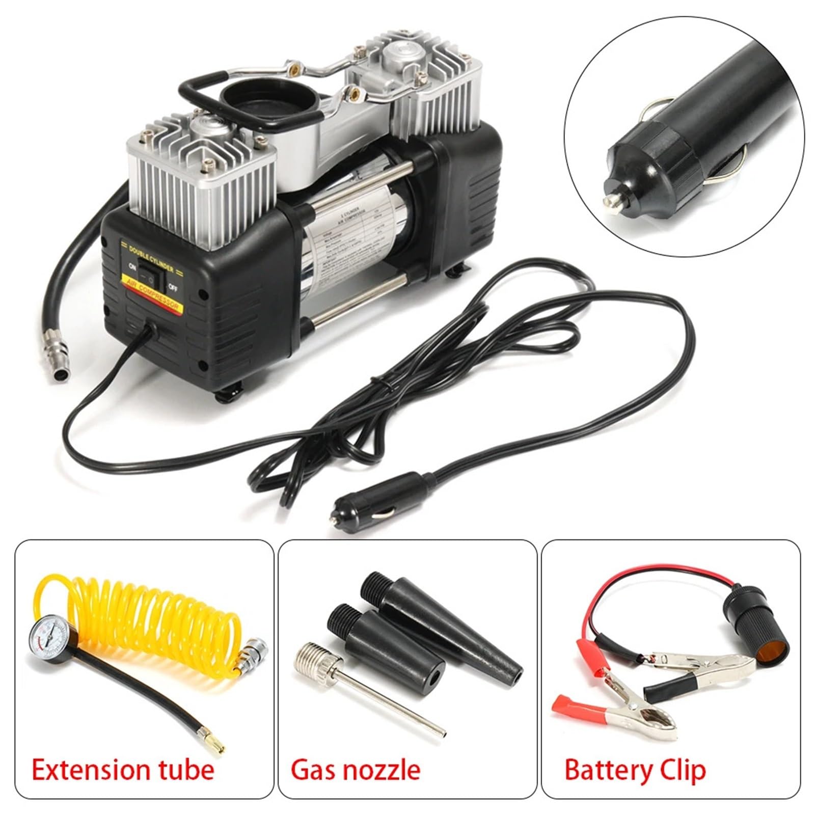 Compressore d'aria 12 V 150 PSI 60 L Pompa di gonfiaggio pneumatici auto Kit portatile 4 ruote motrici a pressione doppio cilindro Set di attrezzi 1 pezzo