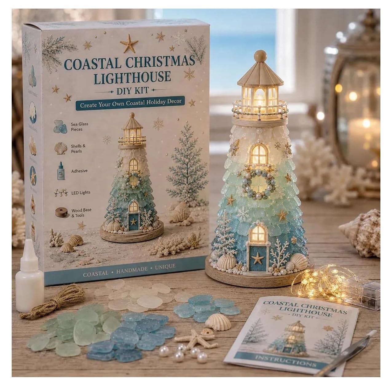 Beginner-Friendly DIY Lighted Sea Glass-Style Lighthouse Kit Collection，B