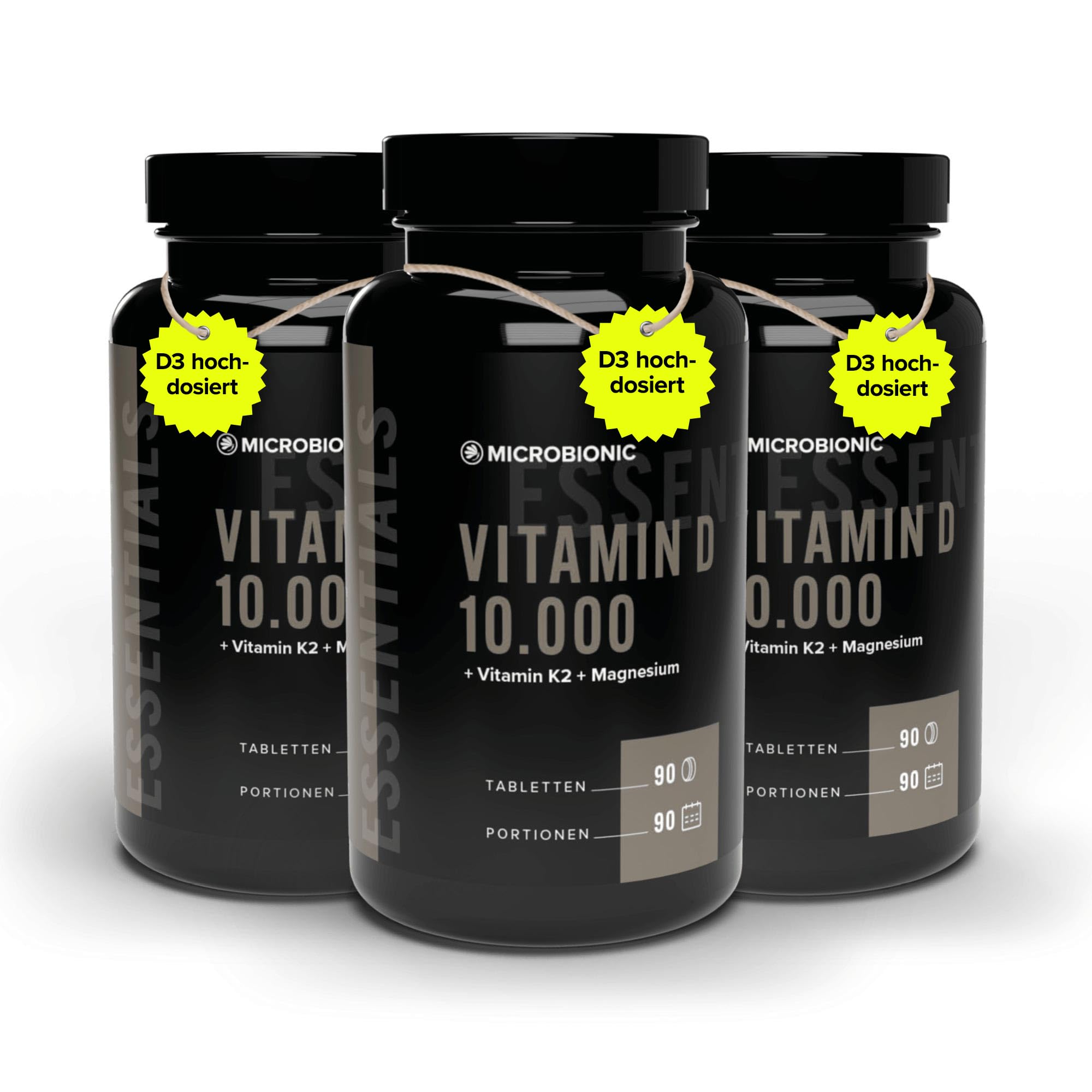 Vitamin D3 10.000 I.E. + K2 + Magnesium 3er Set by MICROBIONIC | 90 Tabletten - alle 10 Tage 1 Tablette | D3 hochdosiert & laborgeprüft