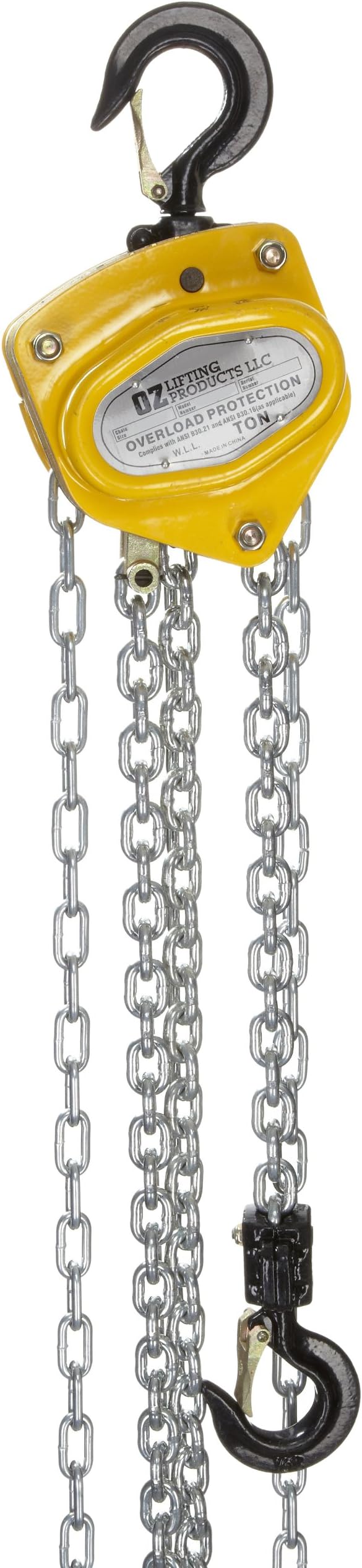 OZ Lifting Hand Chain Hoist, Overload Protection, Hook Mount, 2 Ton Capacity, 10' Lift, 16-5/16" Headroom, 1-19/64" Hook Opening
