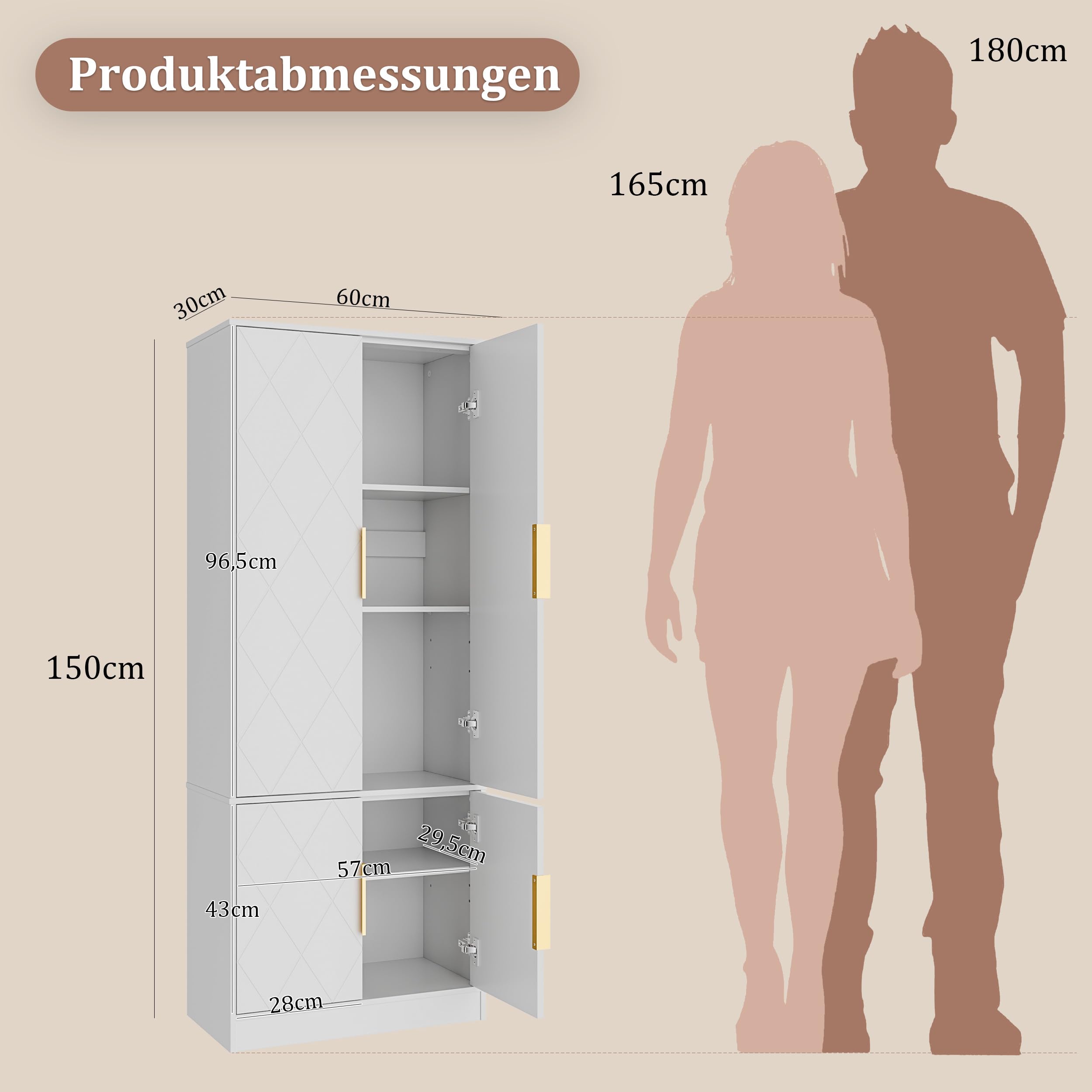 UEV Hochschrank mit 4 Türen, Kücheschrank, Badzimmerschrank Mehrzweckschrank Aktenschrank mit verstellbare Ablage vielseitig einsetzbar für Büro, Flur, Küche, Hauswirtschaftsraum 60x30x150cm Weiß
