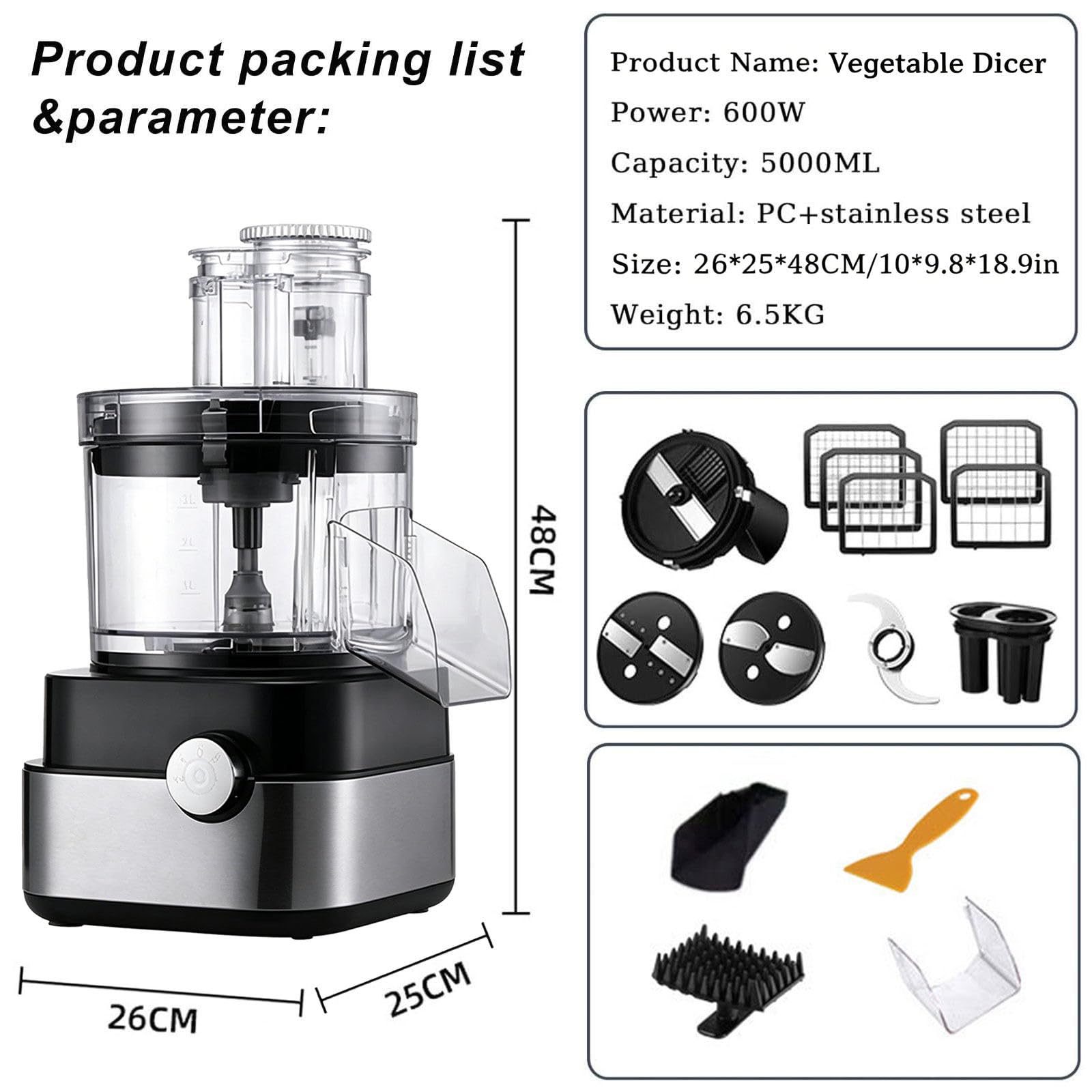 Cortador de Verduras electrico espiralizador de Verduras, Gran Capacidad de 5000 ml, 4 Cuchillas y 5 Rejillas de Corte, válido para Uso doméstico y Comercial Diario