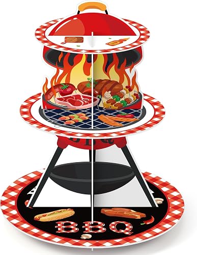 3 Tier BBQ Party Decorations Baby Q Baby Shower Cake Stand Barbecue Theme Summer Cupcake Tower BQQ Table Decor Red and Black Gingham Cake Holder for Summer Picnic Camping Party Decor Supplies