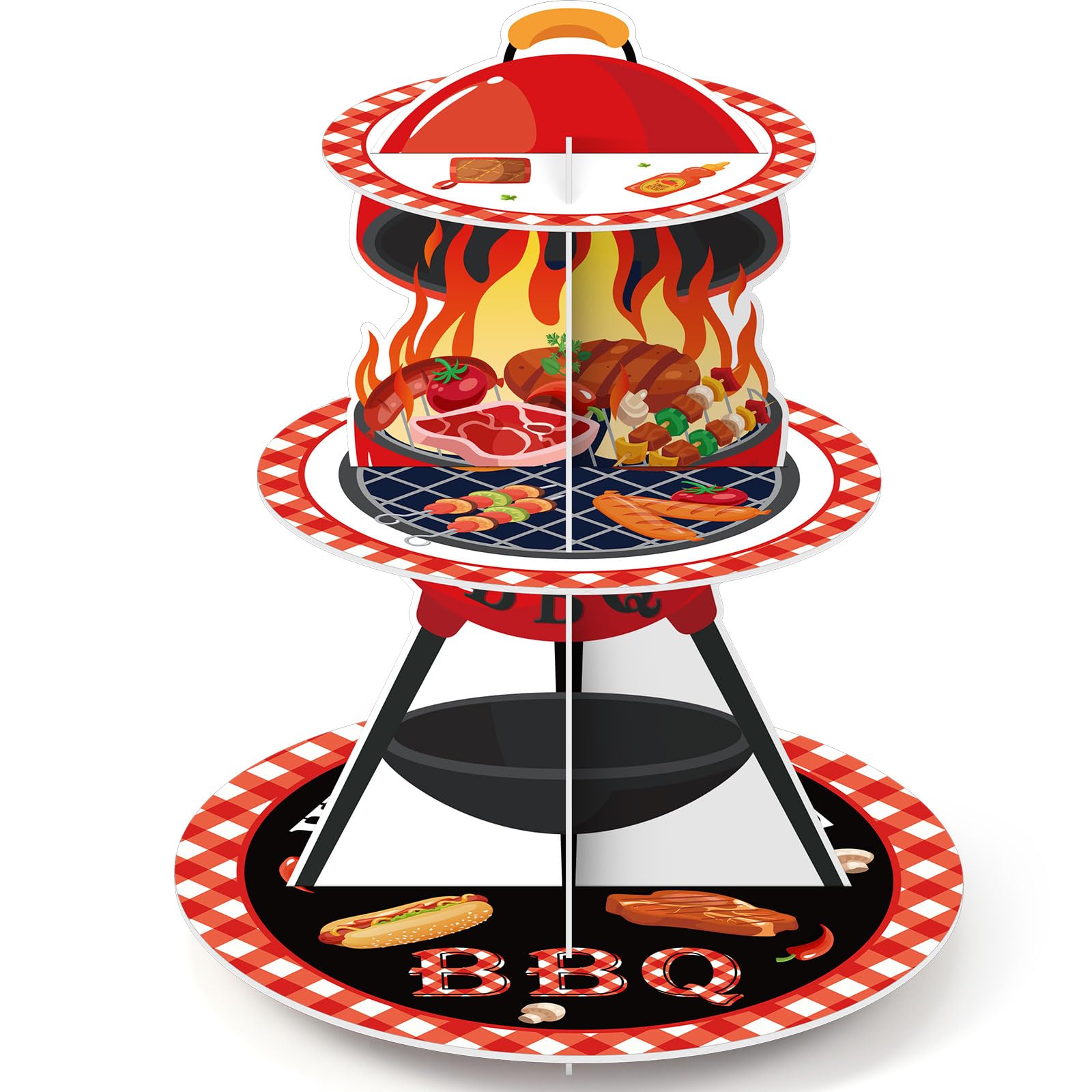 Widecook 3 Tier BBQ Party Cake Stand Decoration Barbecue Theme Summer Cupcake Tower Baby Q Table Decoration Red and Black Gingham Cake Holder for Summer Picnic Camping BBQ Baby Shower Party Supplies
