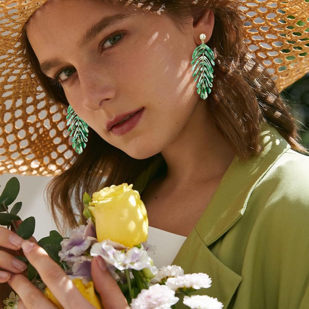 Palm Leaf Orecchini Donna A Foglia Tropicale - Acrilico E Perle, Pendenti Bohemien Ipoallergenici - Regalo Originale