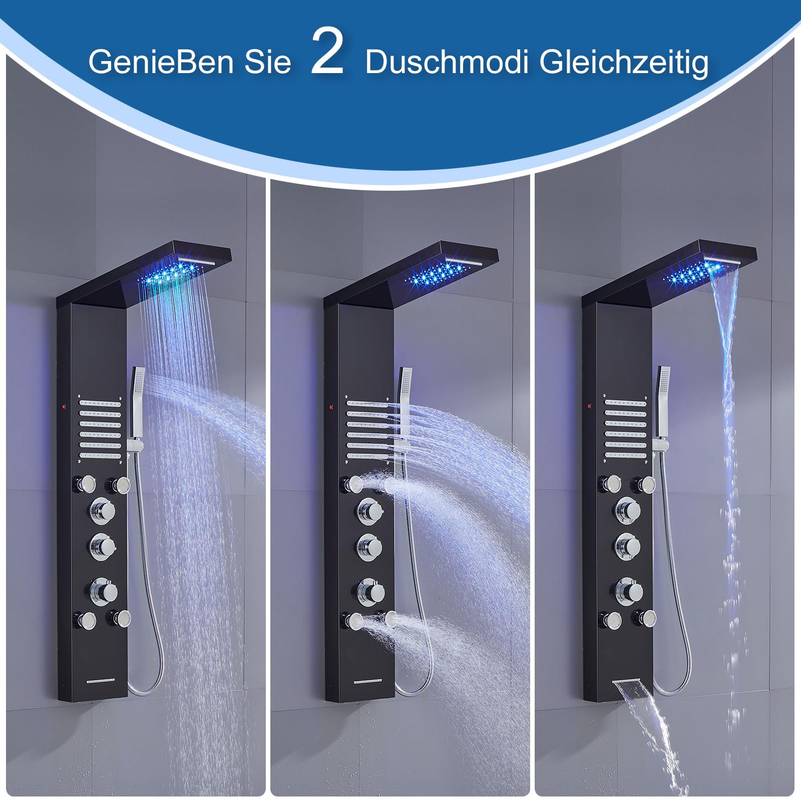 Panel de ducha LED con termostato, 5 funciones, panel de ducha con lluvia y cascada, 5 chorros de masaje, ducha de mano y entrada de bañera, panel de ducha de acero inoxidable 304, color