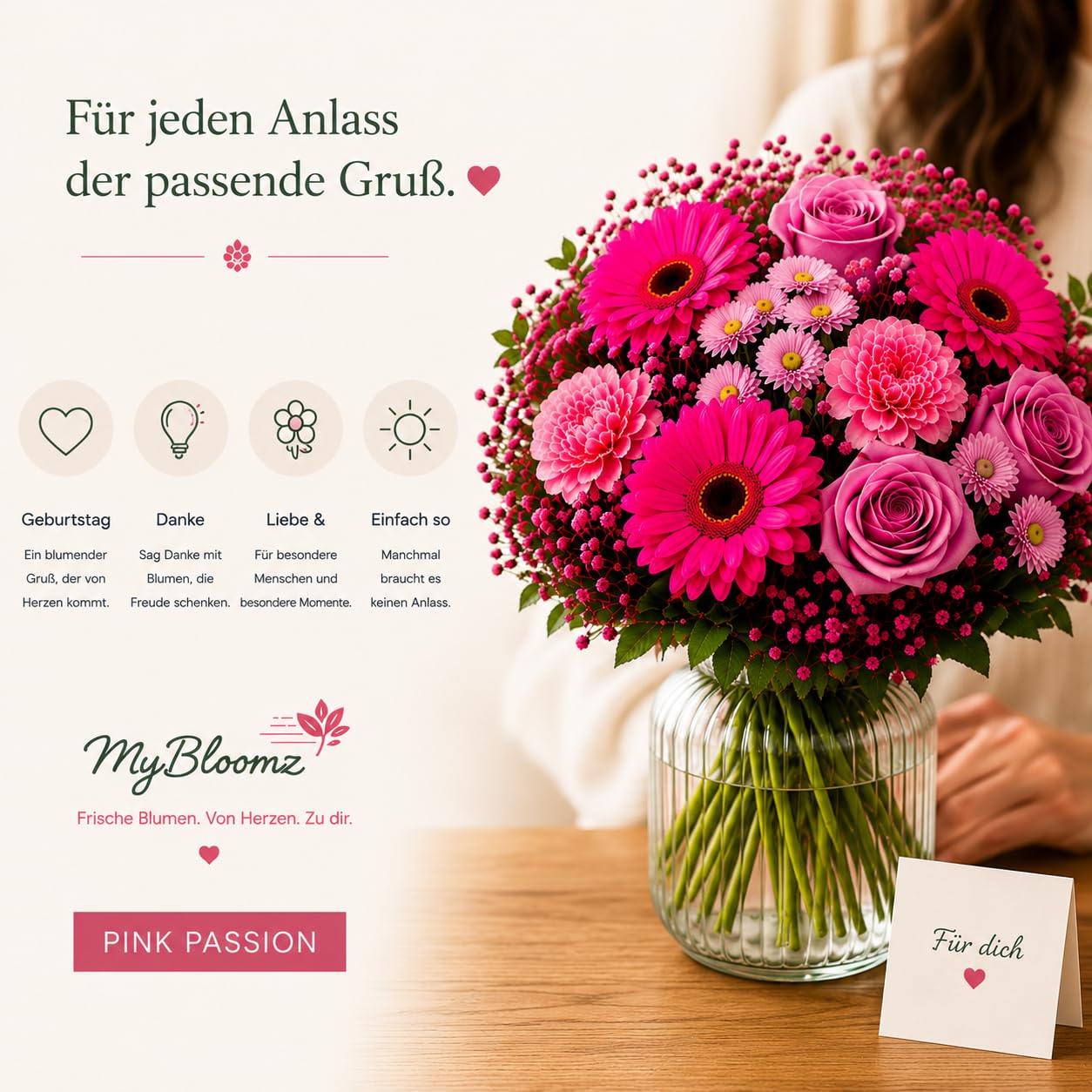 MyBloomz Pink Passion | Premium Blumenstrauß mit Gerbera, Rosen & Chrysanthemen | Frisch gebunden | sicher verpackt | Geschenk für Geburtstag, Liebe, Danke & besondere Momente