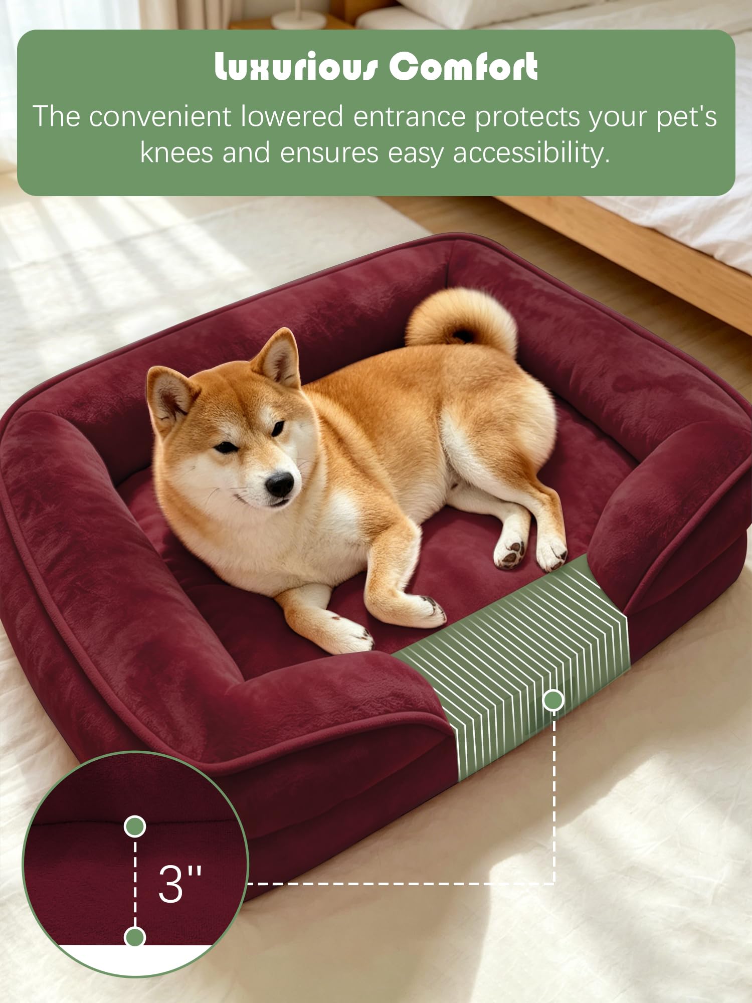 Spotted Play Orthopedic Dog Bed with Sides - Sofa Beds for Medium Dogs, Supportive Foam Pet Couch Bed with Washable Removable Cover, Waterproof Lining and Non-Slip Bottom, Burgundy - M view 3