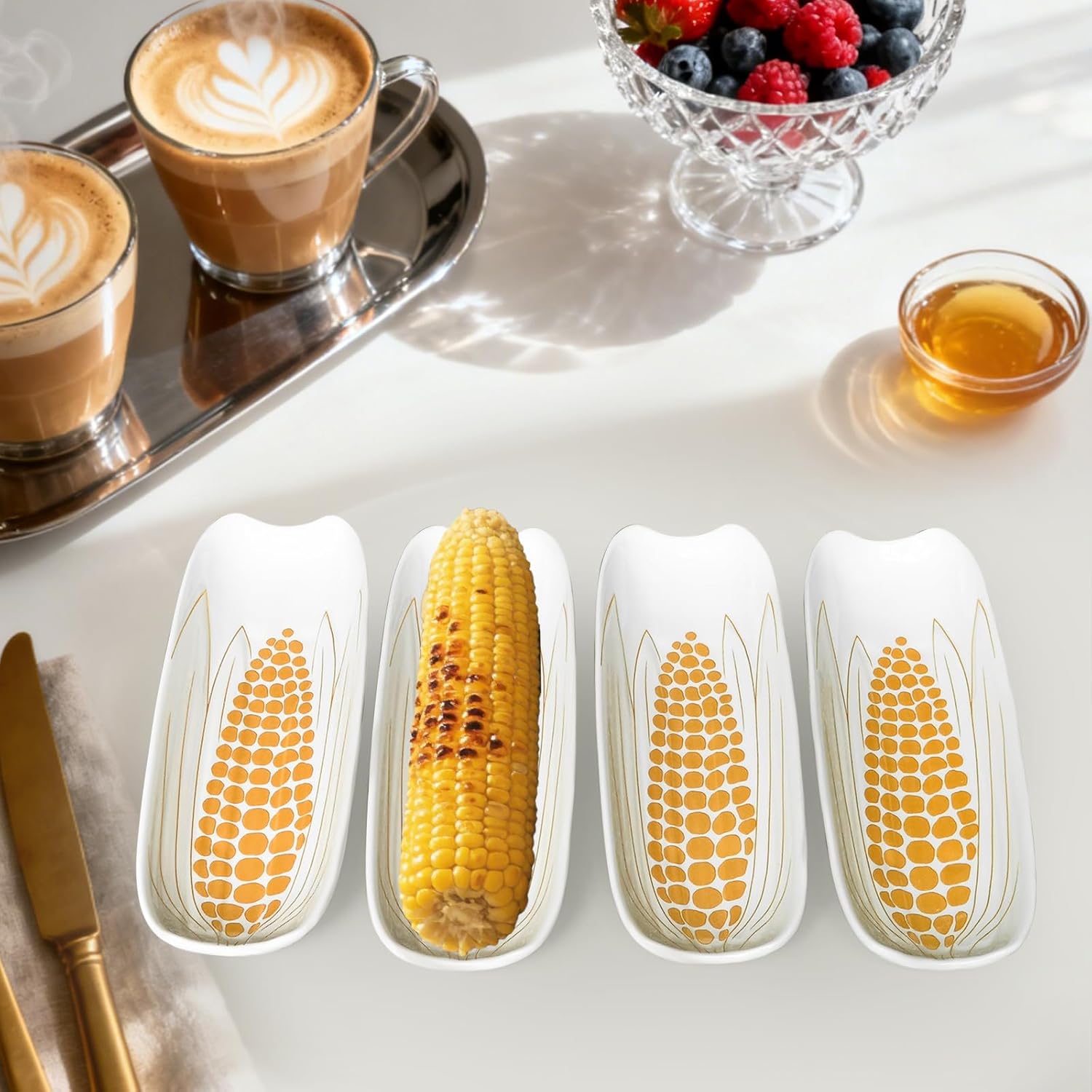 Cinf Ceramic Corn Cob Holders 8.8" Corn Dishes Set of 4 Trays Non-slip Bottom Microwave Dishwasher Oven Safe (Champagne Gold)