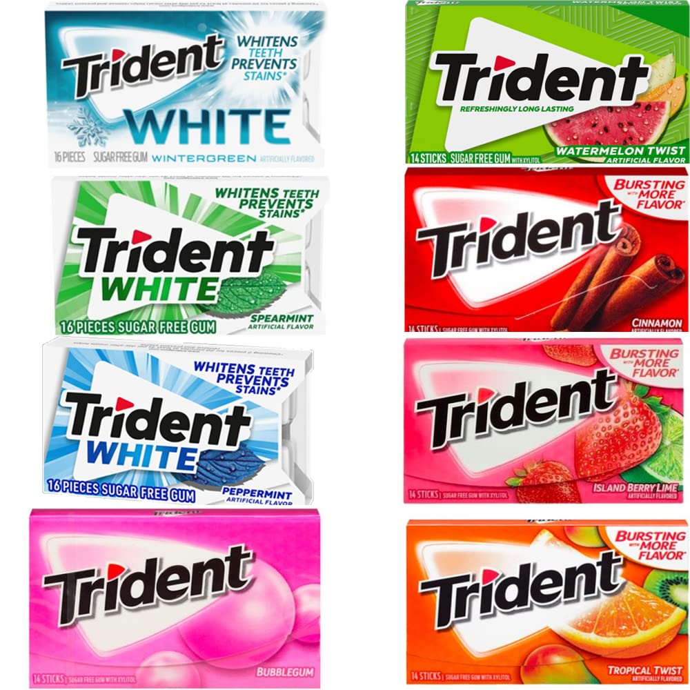 VIMIX Trident Gum 14ct & 16ct Boxes - Bubble Gum, White Wintergreen, Spearmint, Peppermint, Watermelon, Island Berry Lime, Cinnamon & Tropical Twist Pick Any Flavour & Number of Boxes, 1