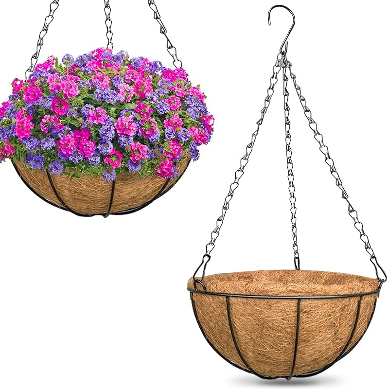Paquete de 2 cestas colgantes de 14.0 in para plantas al aire libre, maceteros redondos de alambre de metal con forro de coco, cestas de flores colgantes para decoración del hogar, jardín, porche, balcón