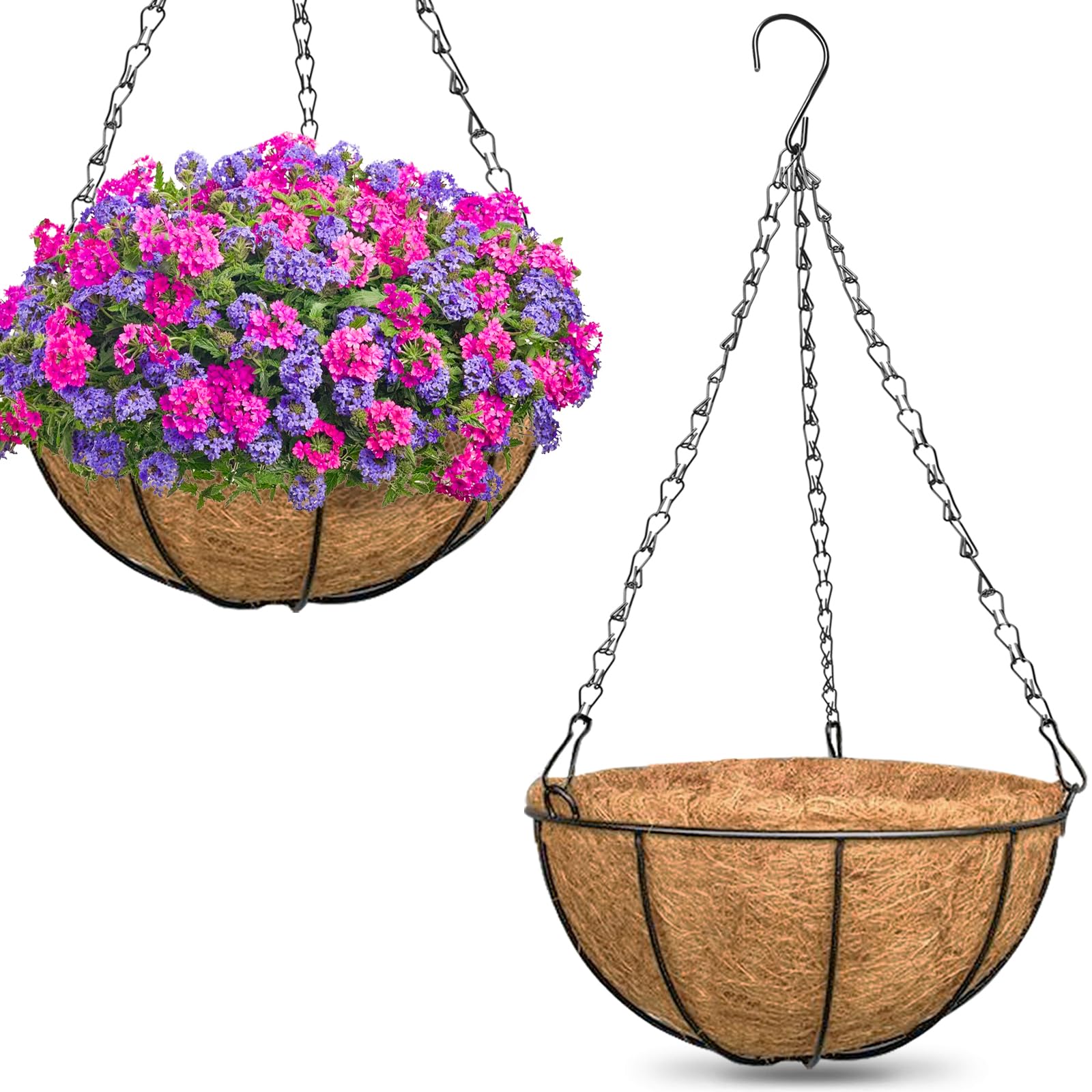 ZeeDix 2 Pack 14 Inch Metal Outdoor Hanging Baskets & Planters for Plants - Heavy Duty Round Garden Planters with Coconut Liners for Flowers, Vegetables