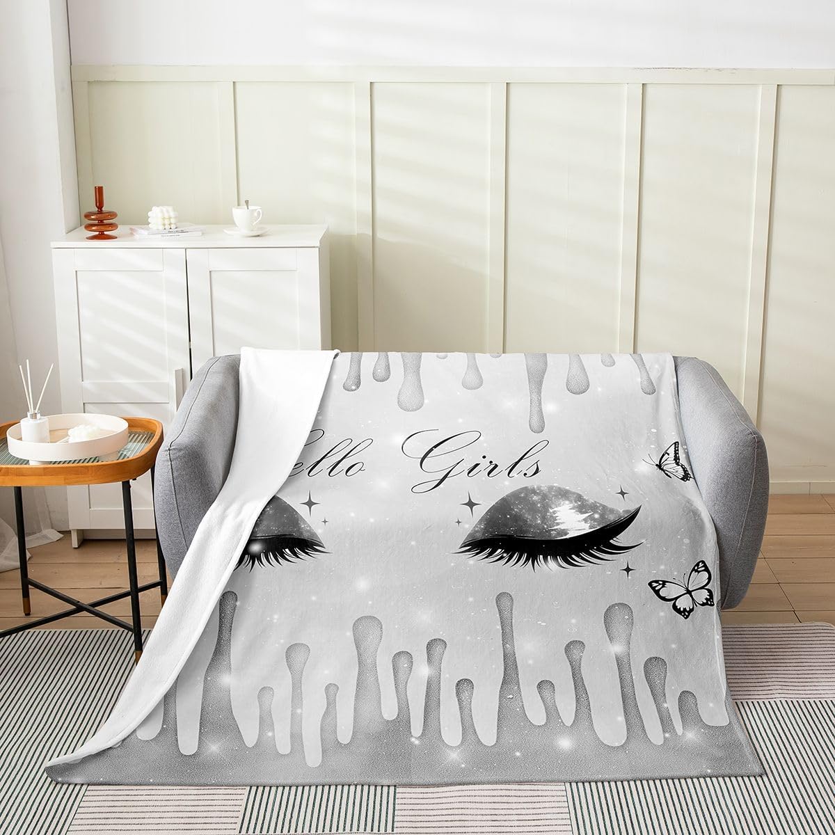 Eyelash Throw Blanket for Kids Adult,Gradient Grey Fluid Ink Flannel Blanket Sofa Bed Decor,Gift for Girls,Girly Bling Bling Starry Sky Fleece Blanket,Butterfly Lash Bed Blanket Lightweight,Throw