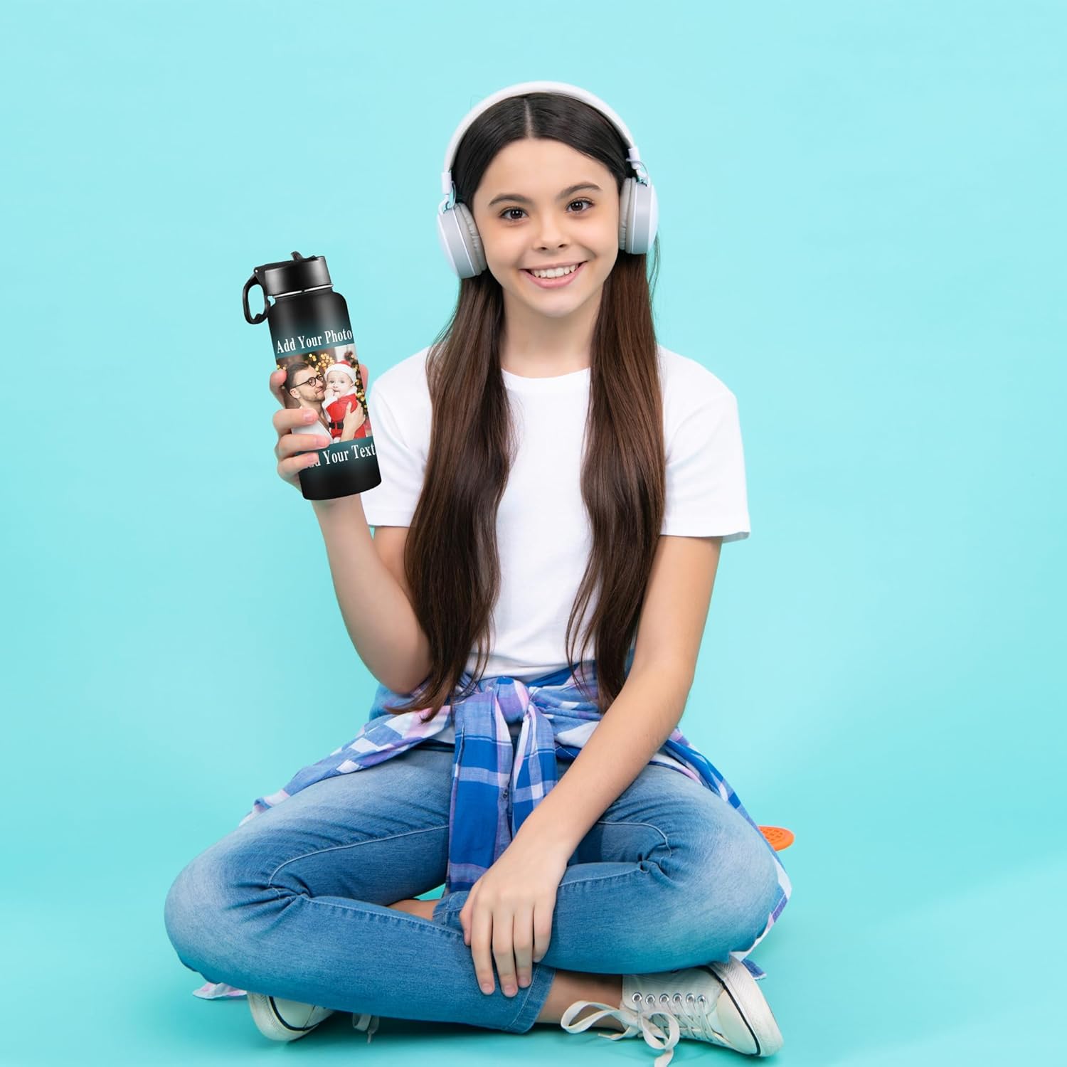 Personalized Water Bottles with Straw 18oz/32oz Double-sided Printing Stainless Steel Insulated Water Bottle with Photo Customized Christmas Gifts for Dad Mom Grandma Grandpa - Image 5