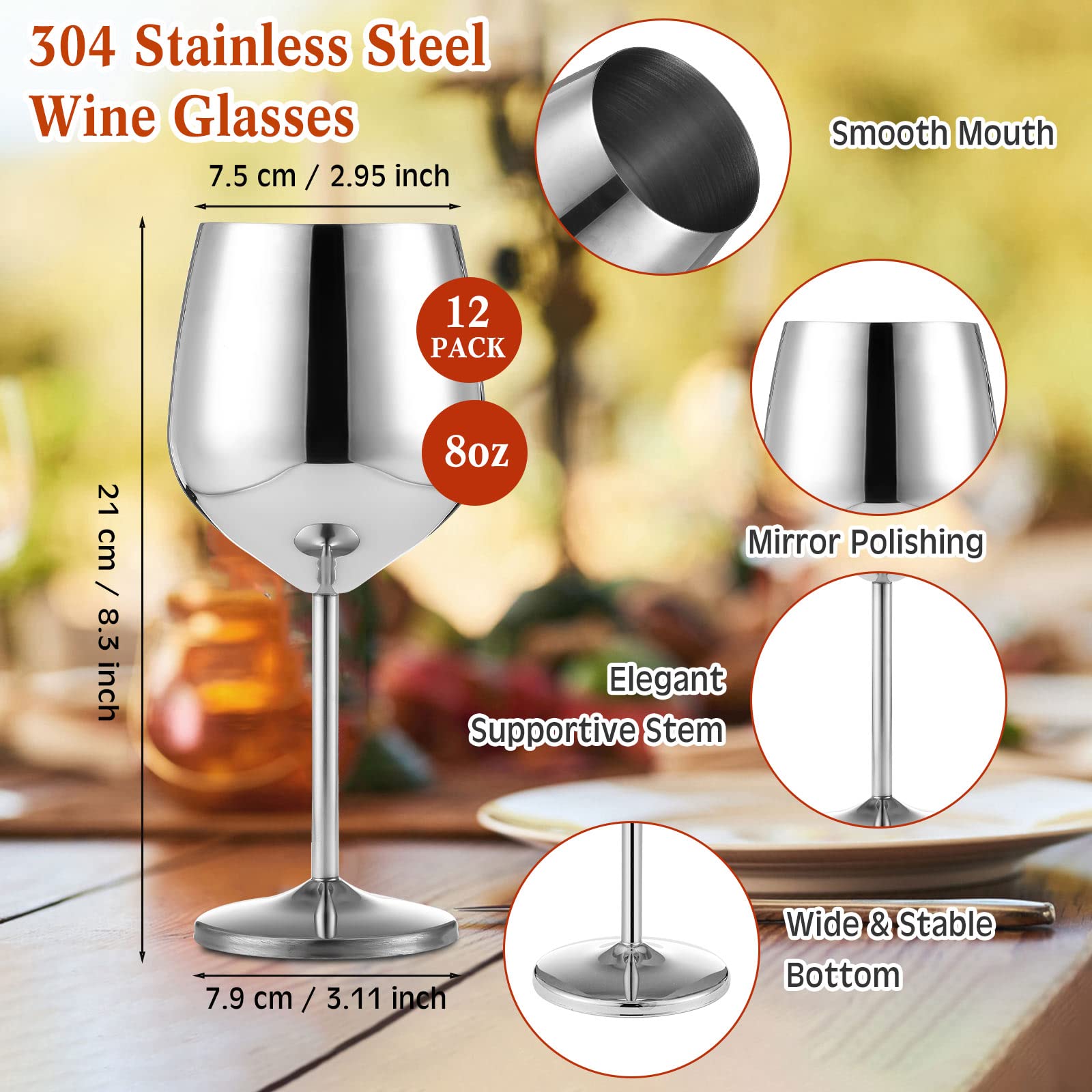 Rtteri 12 Stück Edelstahl Weingläser 510 ml Silber Unzerbrechliche Weingläser Edelstahl Weingläser Stiel Metall Weingläser für Wein Champagner Cocktails Bankett Hochzeit Party Camping