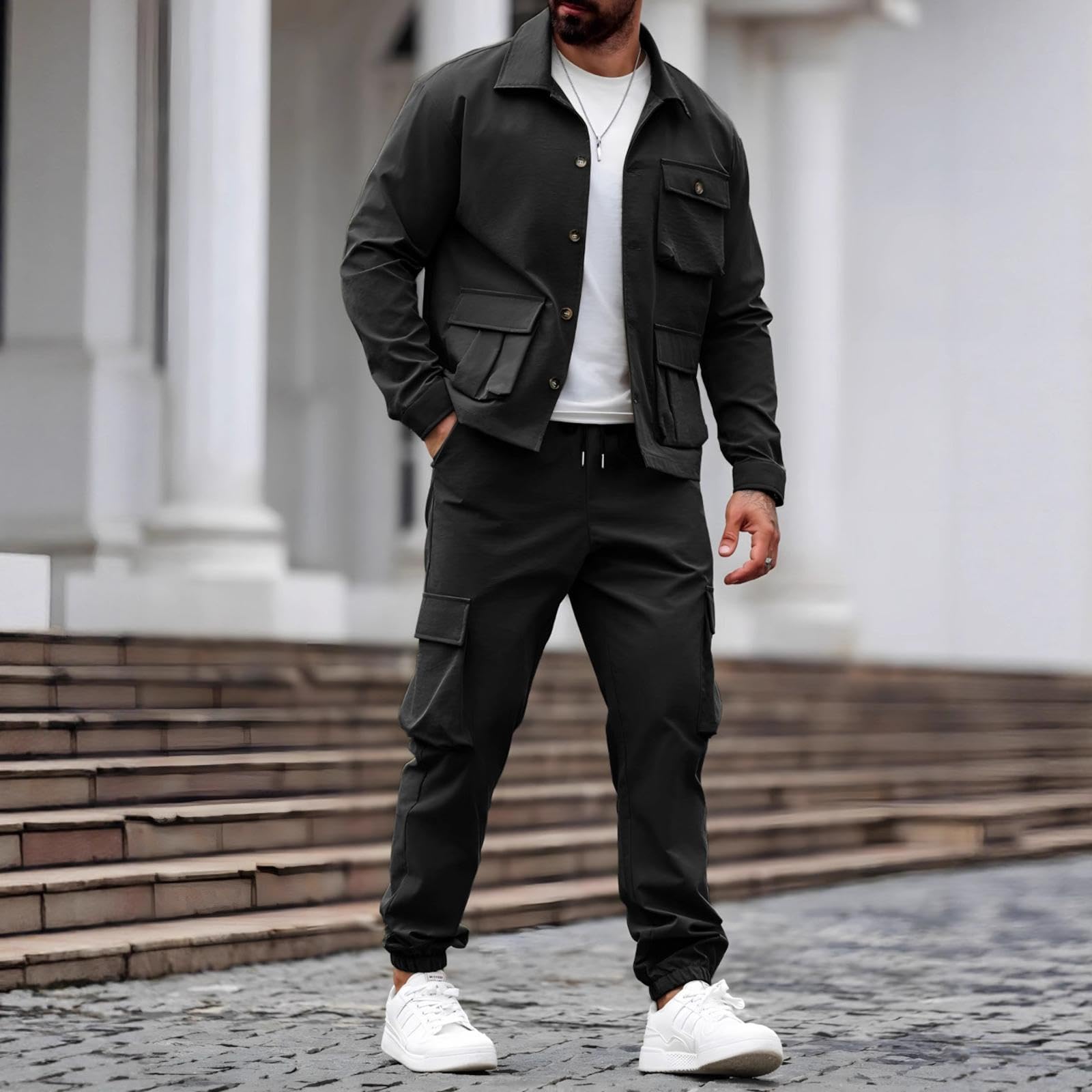 Conjunto De Cargo Retro Americano para Hombre con Múltiples Bolsillos, Chaqueta De Un Solo Botón y Pantalones De 2 Piezas