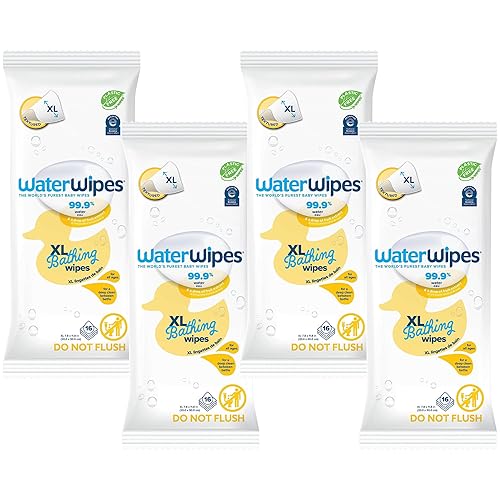 WaterWipes Toallitas de baño XL sin plástico para niños pequeños y bebés, 99.9% toallitas a base de agua, sin perfume e hipoalergénicas para pieles