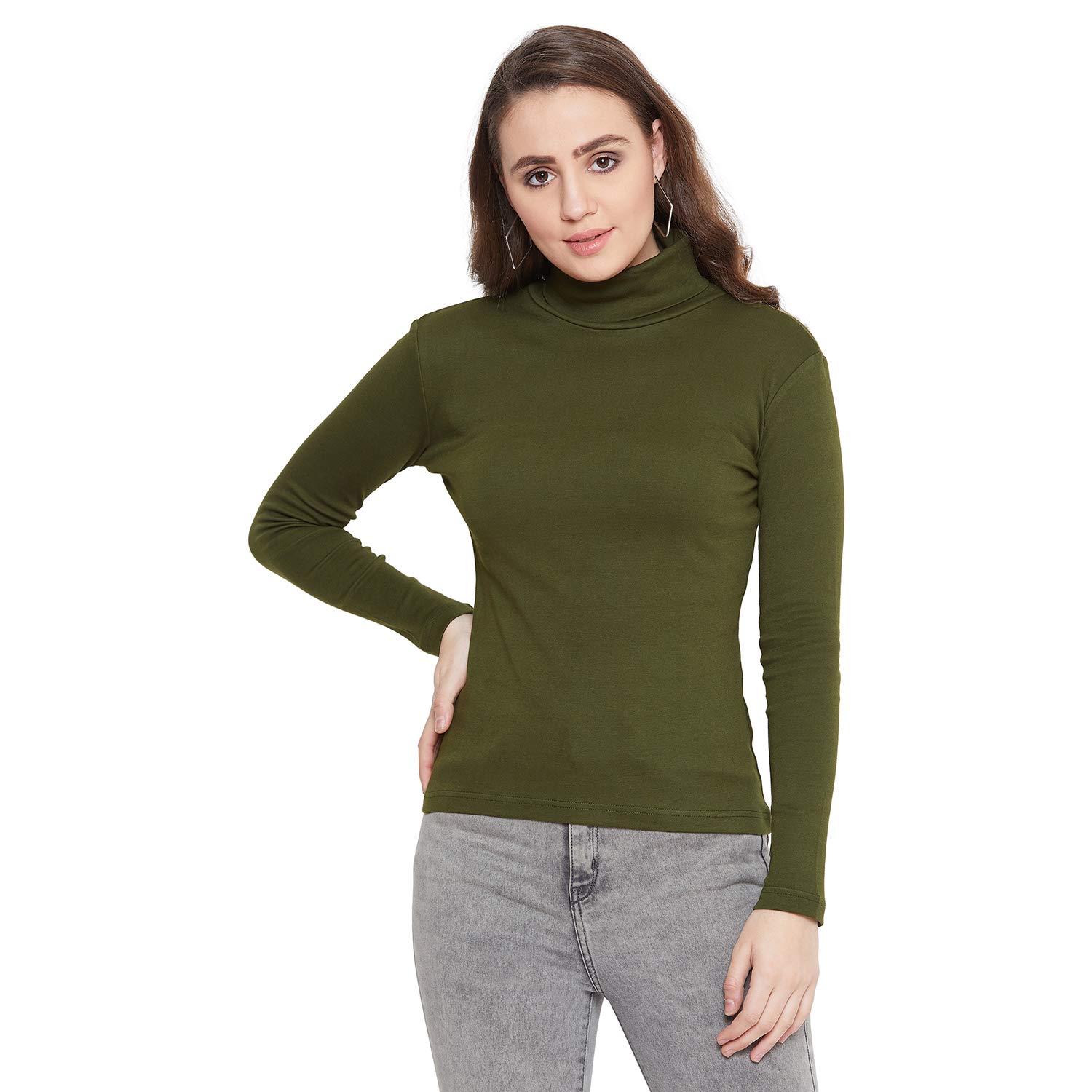 hypernation Hyprnation Women's High Neck Cotton T-Shirt (Dark Green;)-picture-12