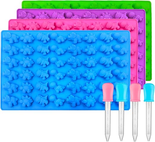 Palksky Mini Dinosaur Silicone Candy molds/Dragon Gummy Bear Mold, Non-Stick Gummie Chocolate Gelatin Tray (4-Pack+4 Droppers) Creates 192 Sweet Snacks Triceratops T-Rex Stegosaurus Brontosaurus