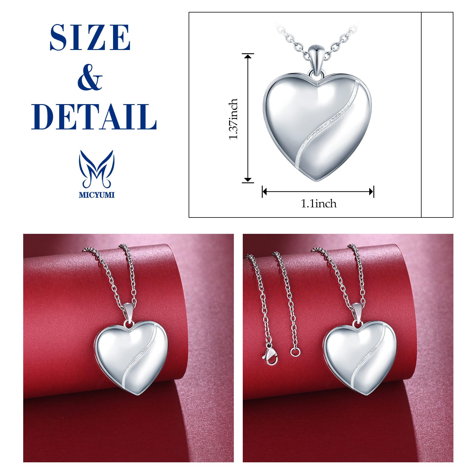 Collier médaillon photo pour femme en argent sterling 925 avec pendentif en forme de cœur