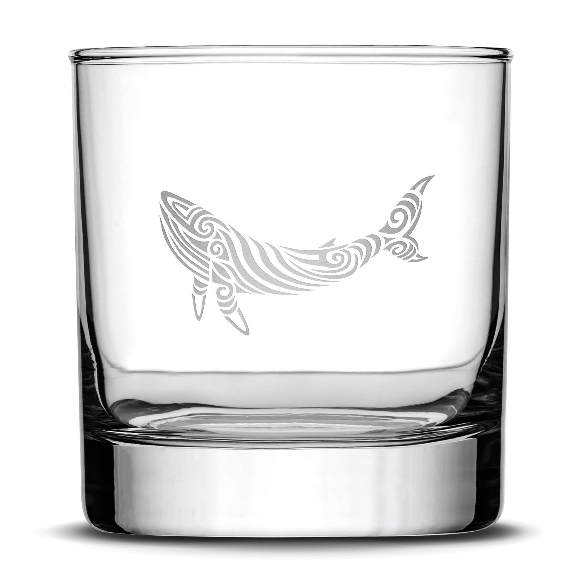 Integrity Bottles Tribal Whale Design Stemless Whiskey Glass, Handmade, Handblown, Hand Etched Gifts, Sand Carved, 18oz