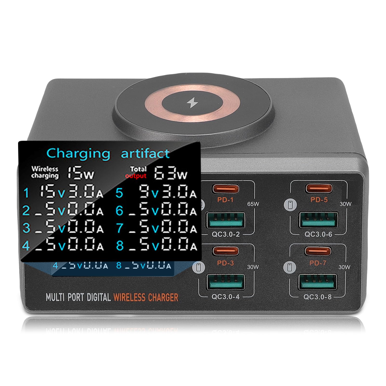Stazione di Ricarica, Caricabatterie Tavolo 140W con Display LCD, Multiporta con PD da 65W, QC3.0, Ricarica Wireless Magnetica 15W, Supporta 9 (Spina europea)