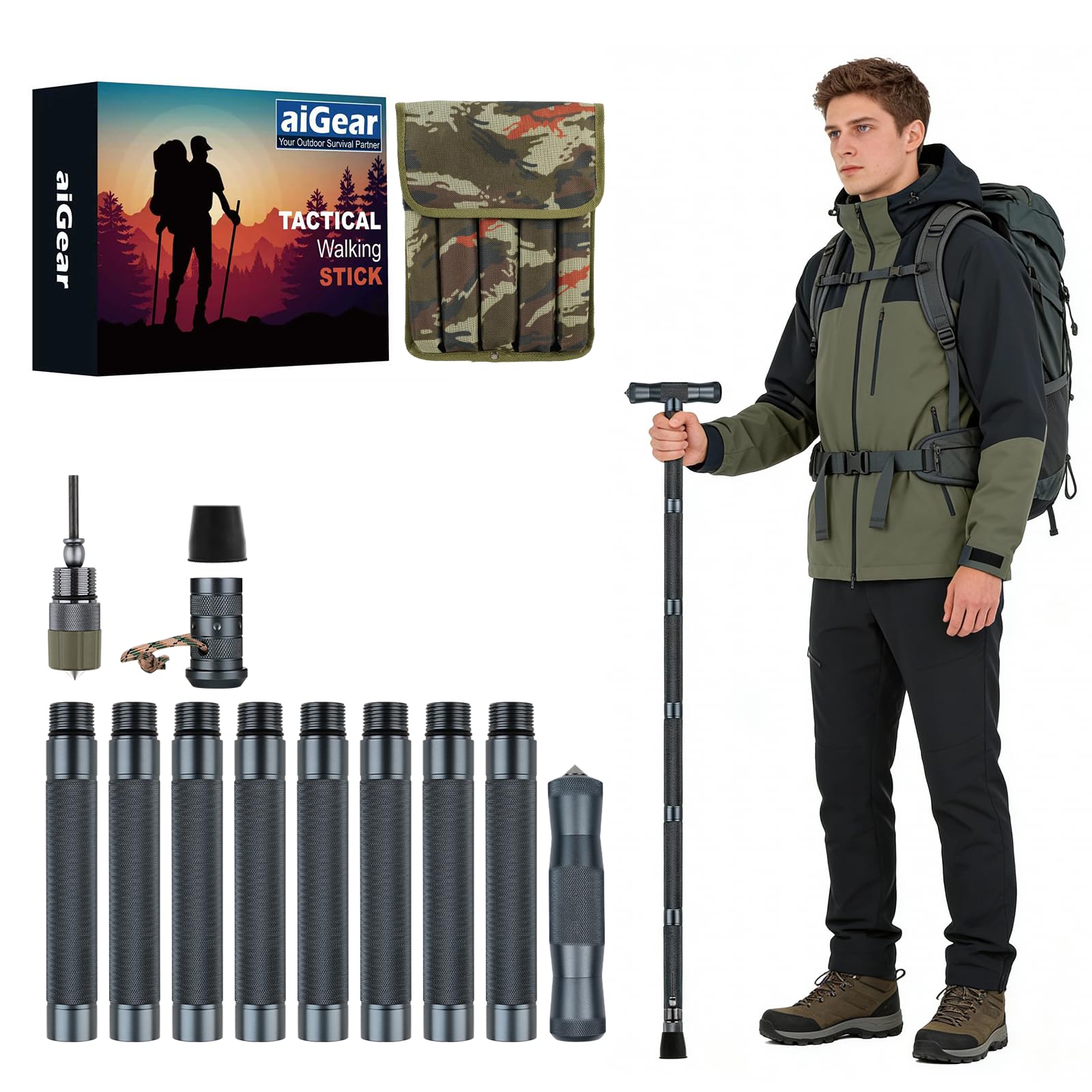 aiGear H3 Tactical Multitool Survival Walking Stick - Adjustable Trekking Poles for Hiking Camping (6-8 Tubes)
