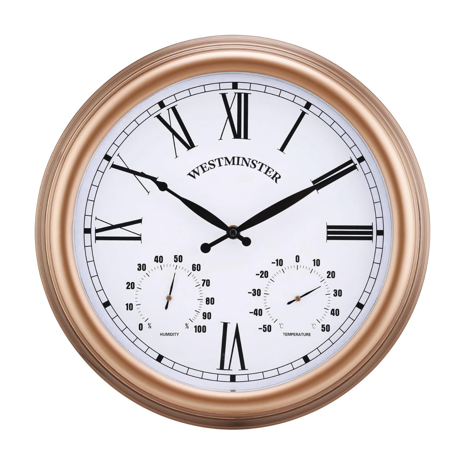 Homezone Grande Orologio da Parete in Rame 38,1 cm con Termometro Barometro Stazione Meteo Resistente alle Intemperie
