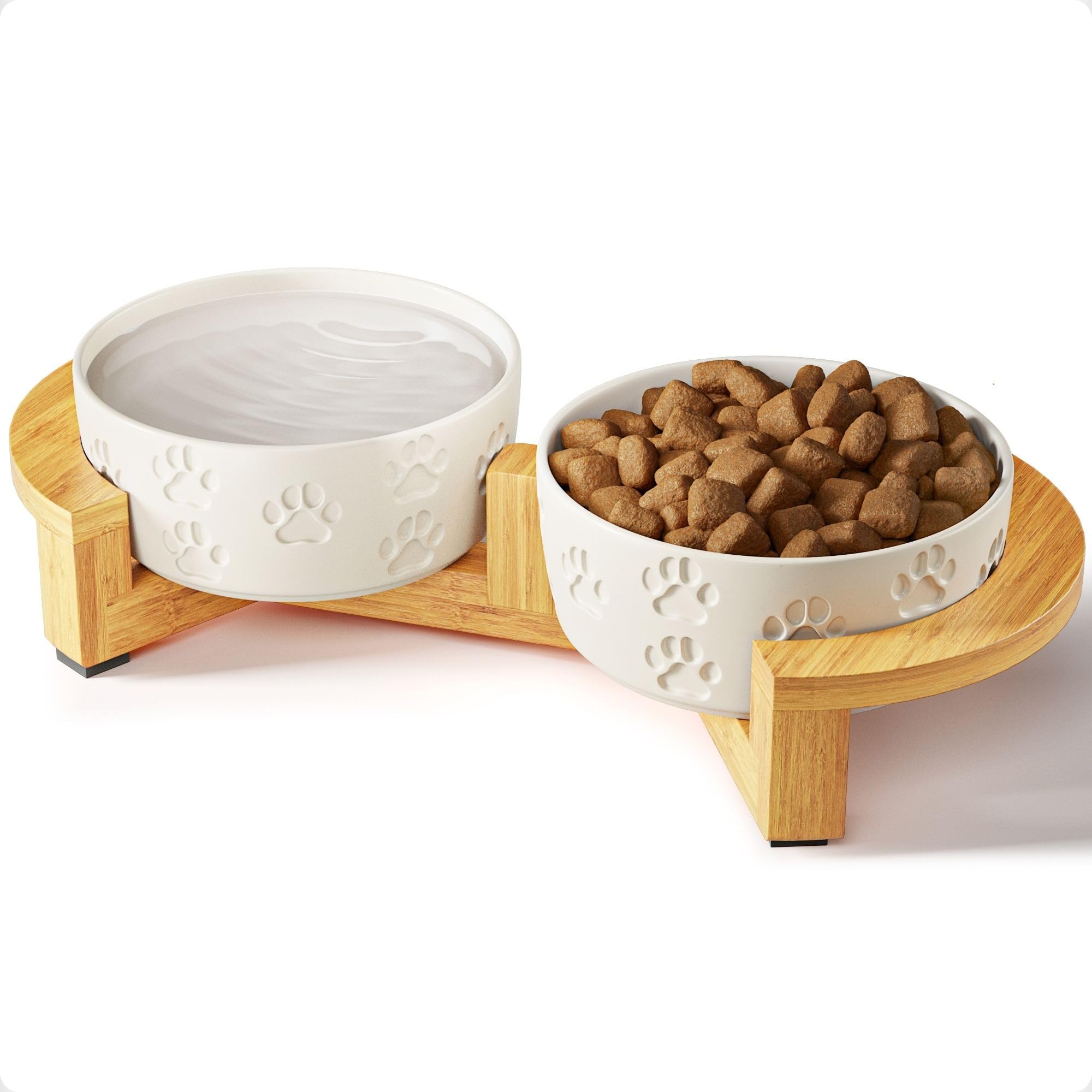 Ceramic Dog Bowls with Stand - Small Dog Bowl Set with Stand Non-Slip - Elevated Dog Bowls Set of 2 - Wooden Dog Bowl Stand - Raised Dog Bowls Small Size Dog - Ceramic Dog Bowl Set Small Sized Dog