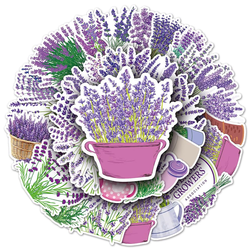 Exquite Lavender Flower Vinyl Stickers, 50 PCS Purple Lavender Botanical Decals for Journals Scrapbooking, Laptops