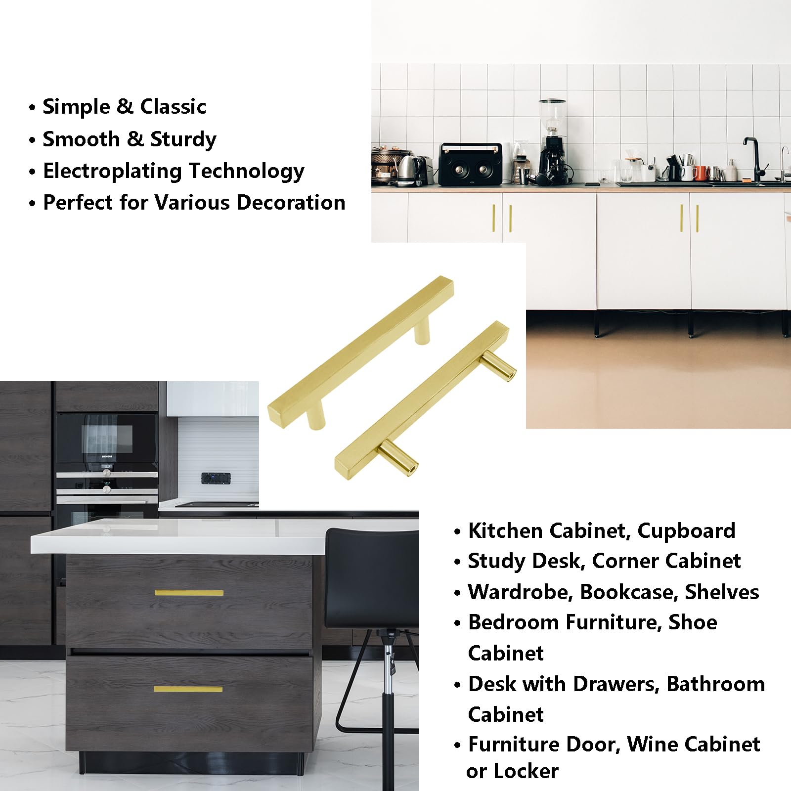 TTZEZE 10 Pack Square T Bar Gold Knobs, Kitchen Cabinet