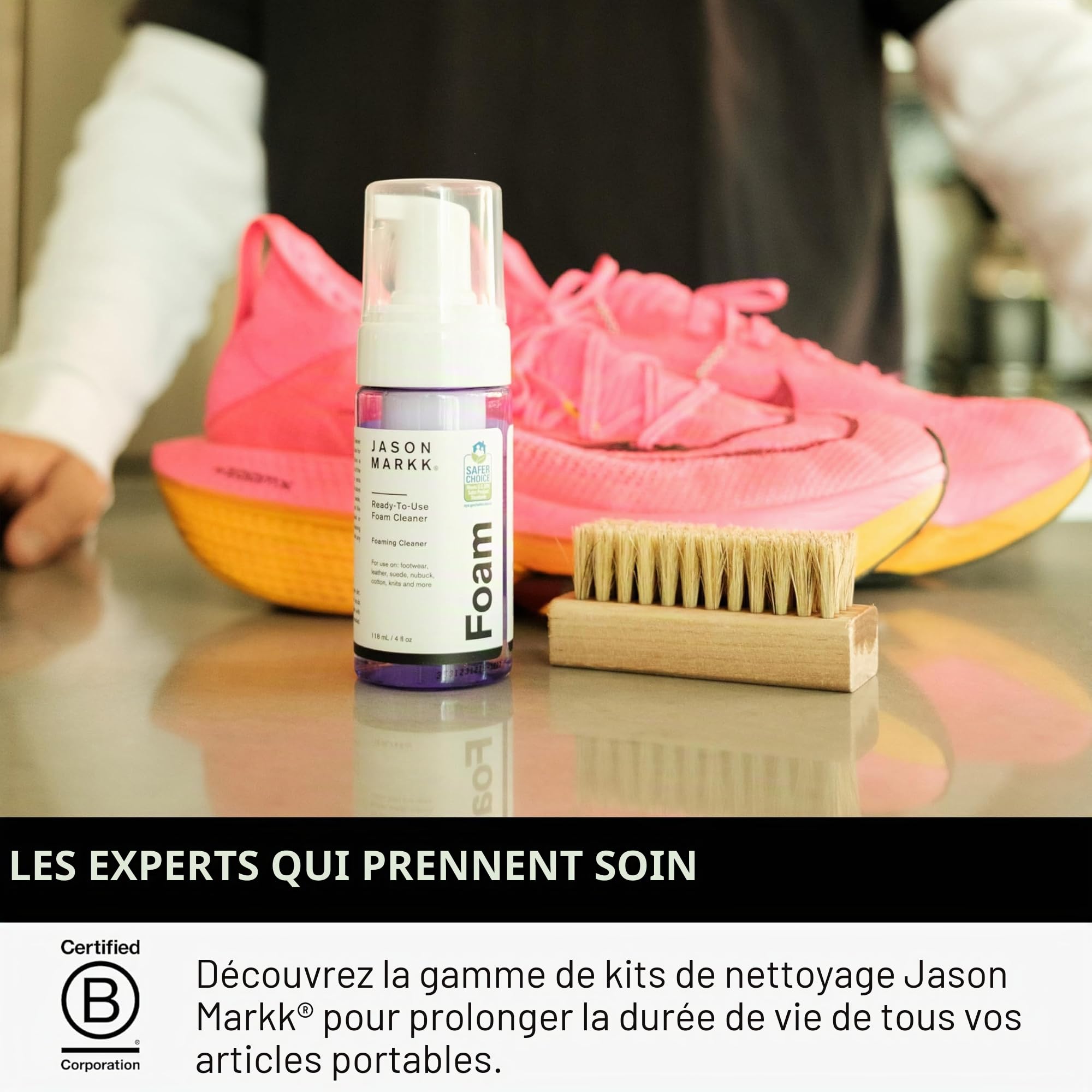 Jason Markk Kit Quick Clean, Kit Nettoyage Chaussure, Avec une brosse à chaussures et un nettoyant moussant, Nettoyant pour baskets en cuir, daim, nubuck, toile, coton et plus encore