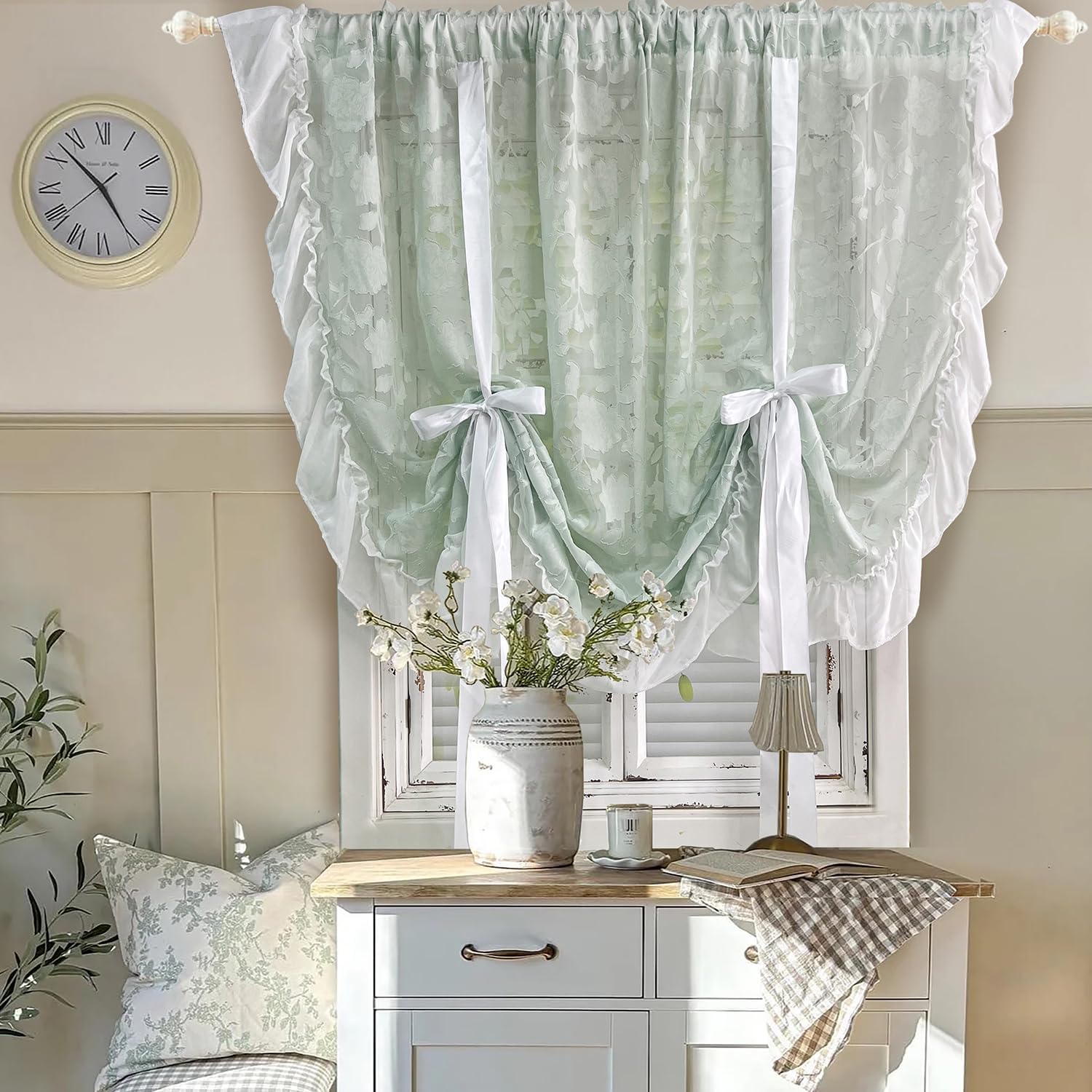 Tie Up Sheer Balloon Curtain Green Peony Jacquard Curtain Valance for Kitchen Bathroom Light Filtering Floral Farmhouse Valance Roman Shade Living Room Small Window 1 Panel,W57 x L71 inch
