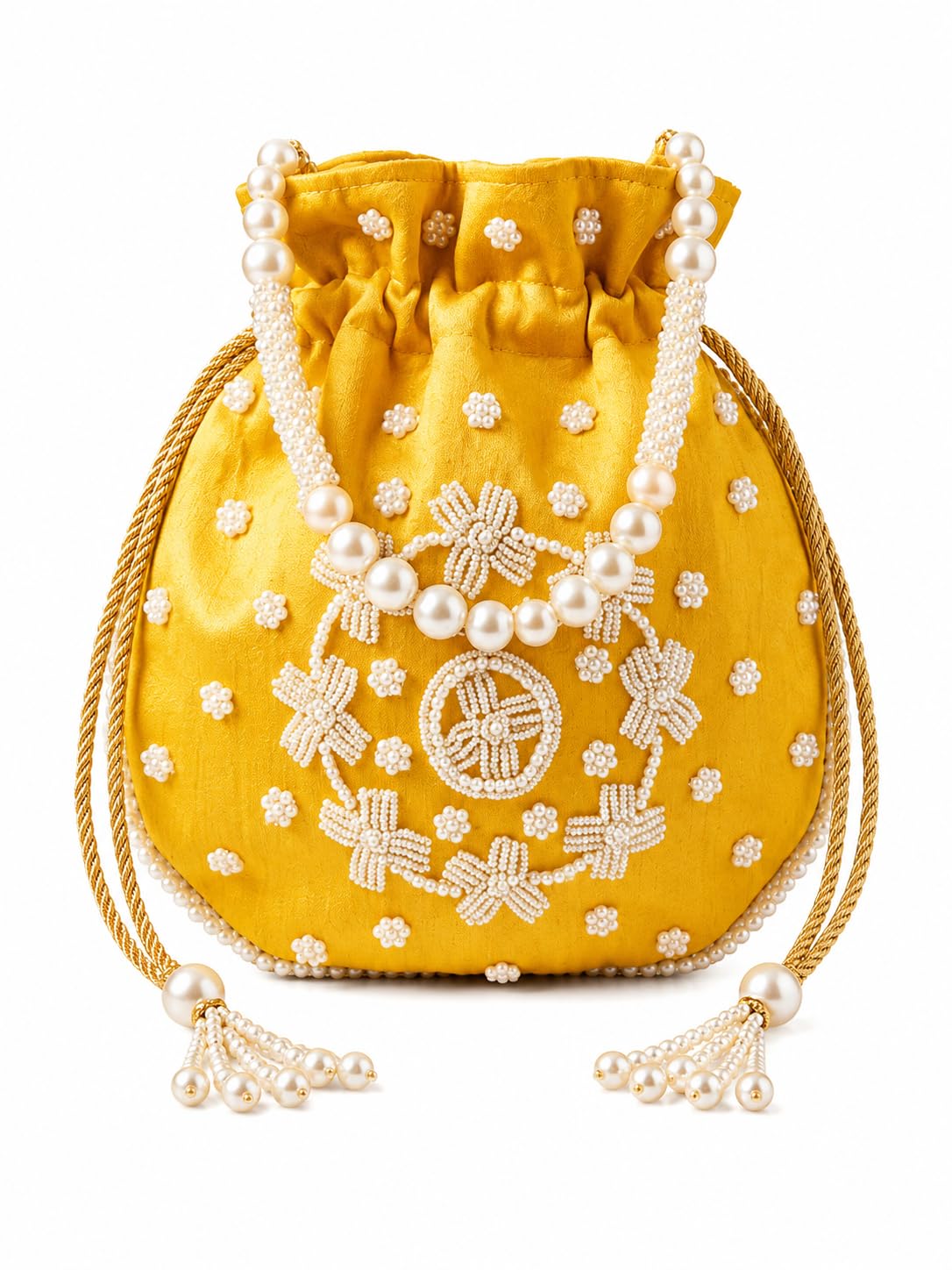 Yellow Potli Bag with Pearl Beadwork,Drawstring Closure, Ethnic Potli-image-36