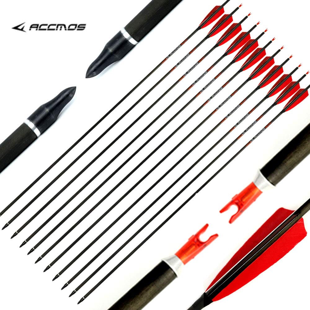 ACCMOS 33 Pollici Freccia in Carbonio ID 6,2 mm Spine 300 con 4" Piuma di Tacchino Frecce da Caccia, per Arco Ricurvo Arco Composto Tiro con L'Arco 6 pzi (6pcs, Spine 300)