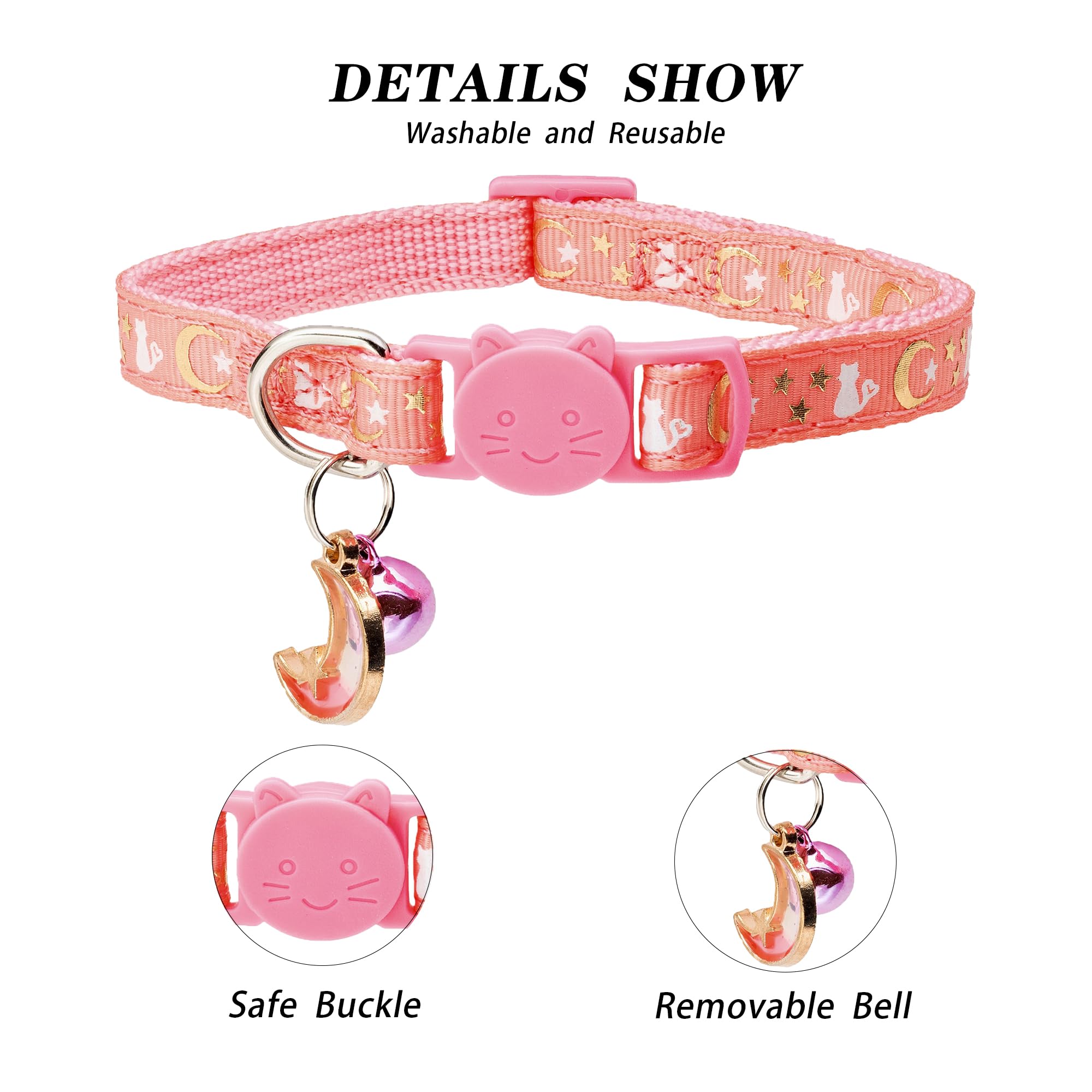 DAIHAQIKO 2Pack Reflective Cat Collars Breakaway Cats Collars with Bell, Adjustable Pet Kitten Collars for Girl&Boy(Pink,9.8