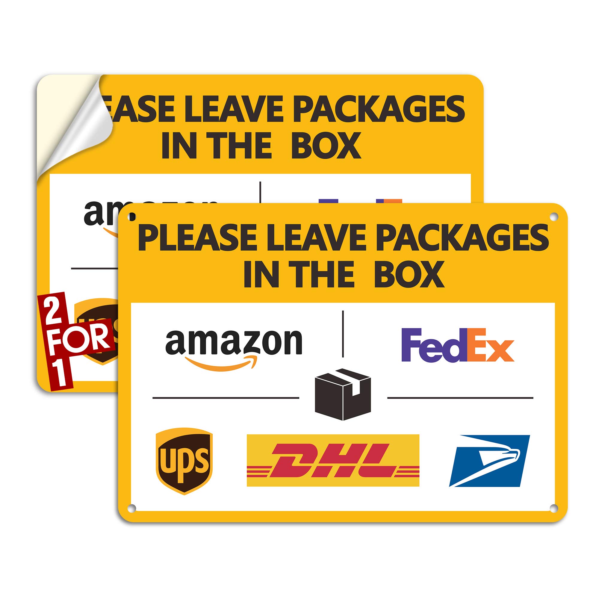 Package Delivery Sign Delivery Instructions Signs 2 Pack Leave Packages in The Box Sign,Two For One : 1 Pcs Super Tough PVC+1 Pcs Self Adhesive Vinyl, Rust-Free, Weather-Proof