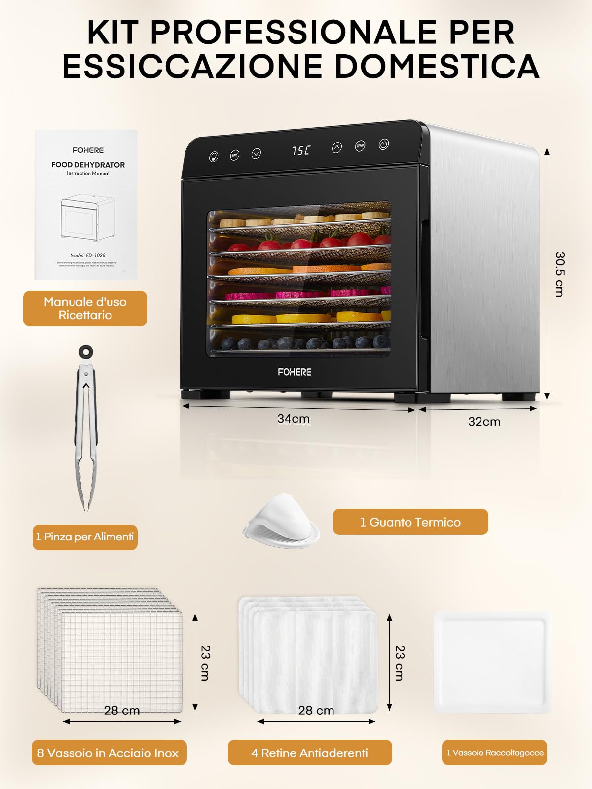 FOHERE Essiccatore Alimentare 8 Vassoi in Acciaio Inox, Silenzioso <40dB per Uso Notturno, Termostato 35-75℃ Timer 48h, per Frutta, Verdura, Carne, Funghi, Erbe, Snack per Bebè