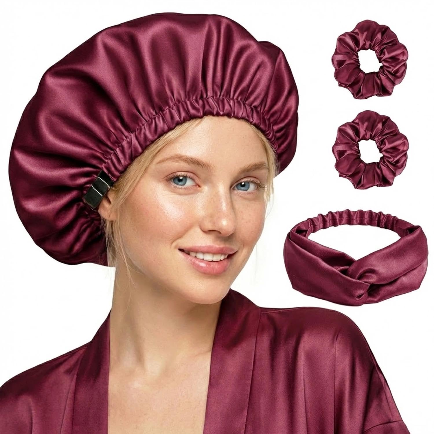 Silkamor Women's Burgundy Luxury Double-Layered Silk Bonnet For Sleeping – Adjustable Satin Hair Bonnet Set With Scrunchies For Curly Natural Hair,