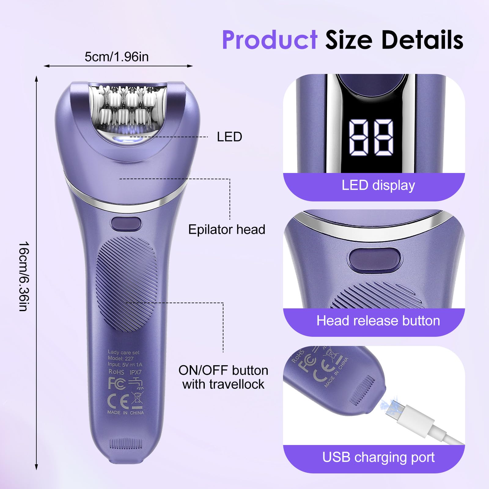 Set di epilatore 7 in 1 per donne, epilatore senza fili a umido e a secco con luce LED, epilatore per viso e corpo, impermeabile IPX7, autonomia 90 min