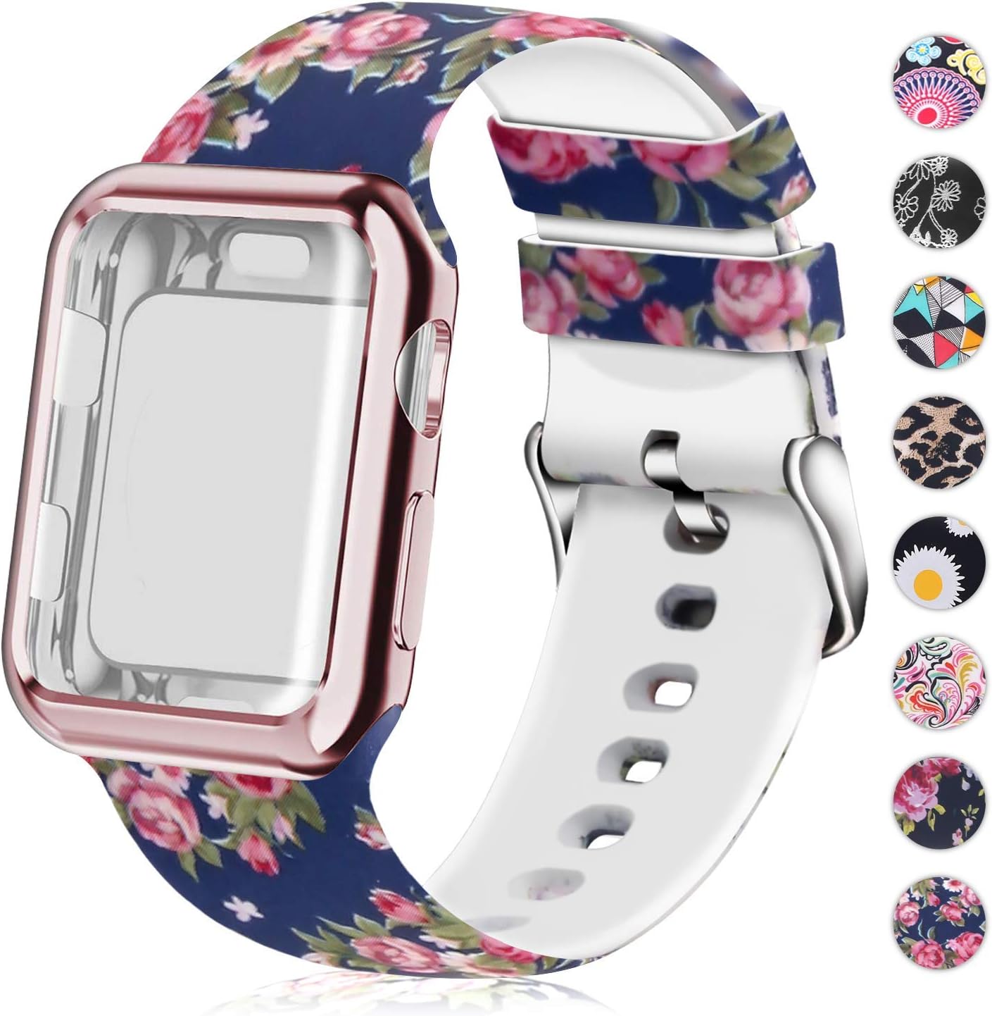 Compatible for Apple Watch Band 44mm with Screen Protector Case, Floral Soft Silicone Sport Wristband for Apple Watch iwatch Series 6 5 4 SE (44mm,Blue Rose)