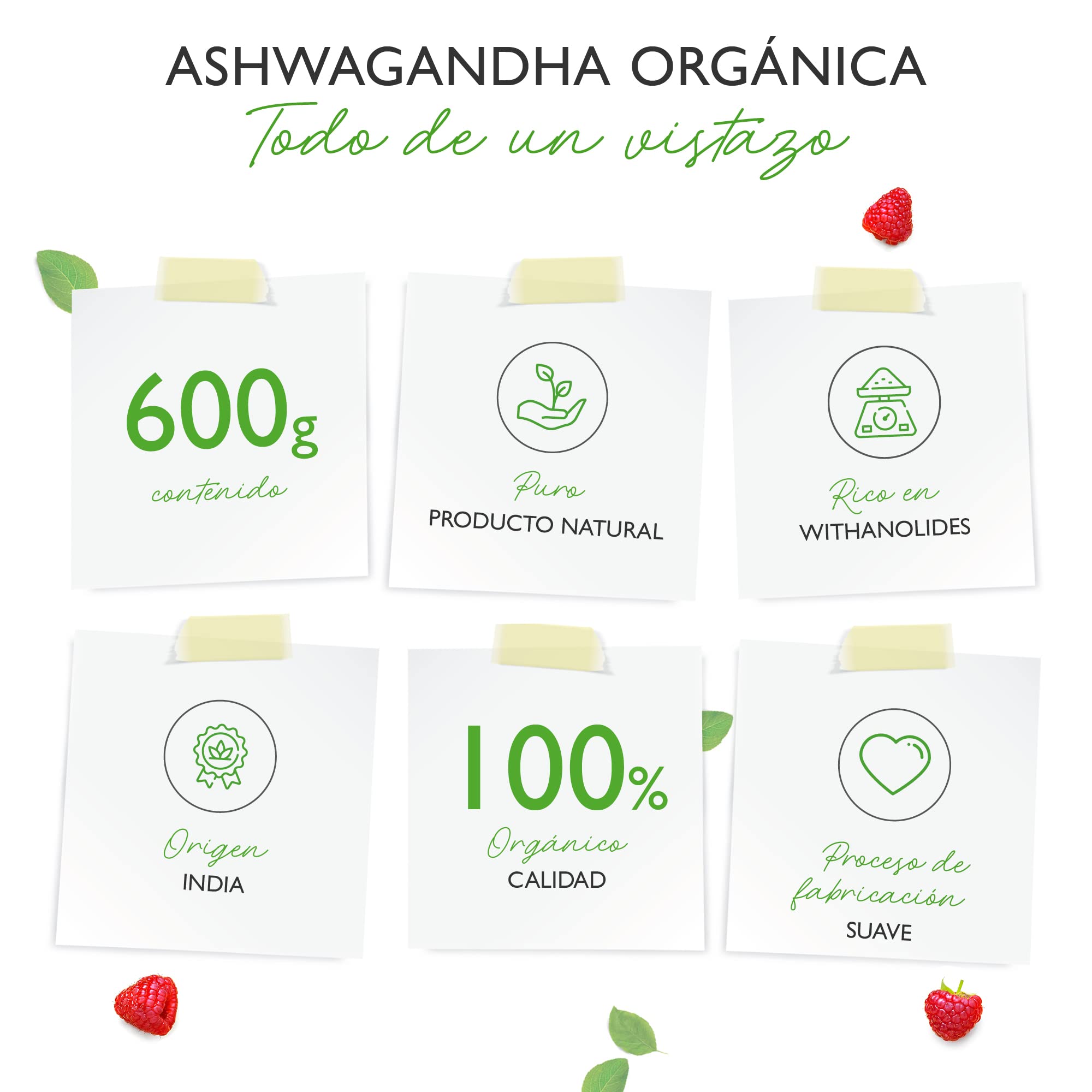 Raíz de Ashwagandha orgánica en polvo 600g - 100% genuina Ashwagandha india (Withania Somnifera) de cultivo orgánico controlado - Vegano
