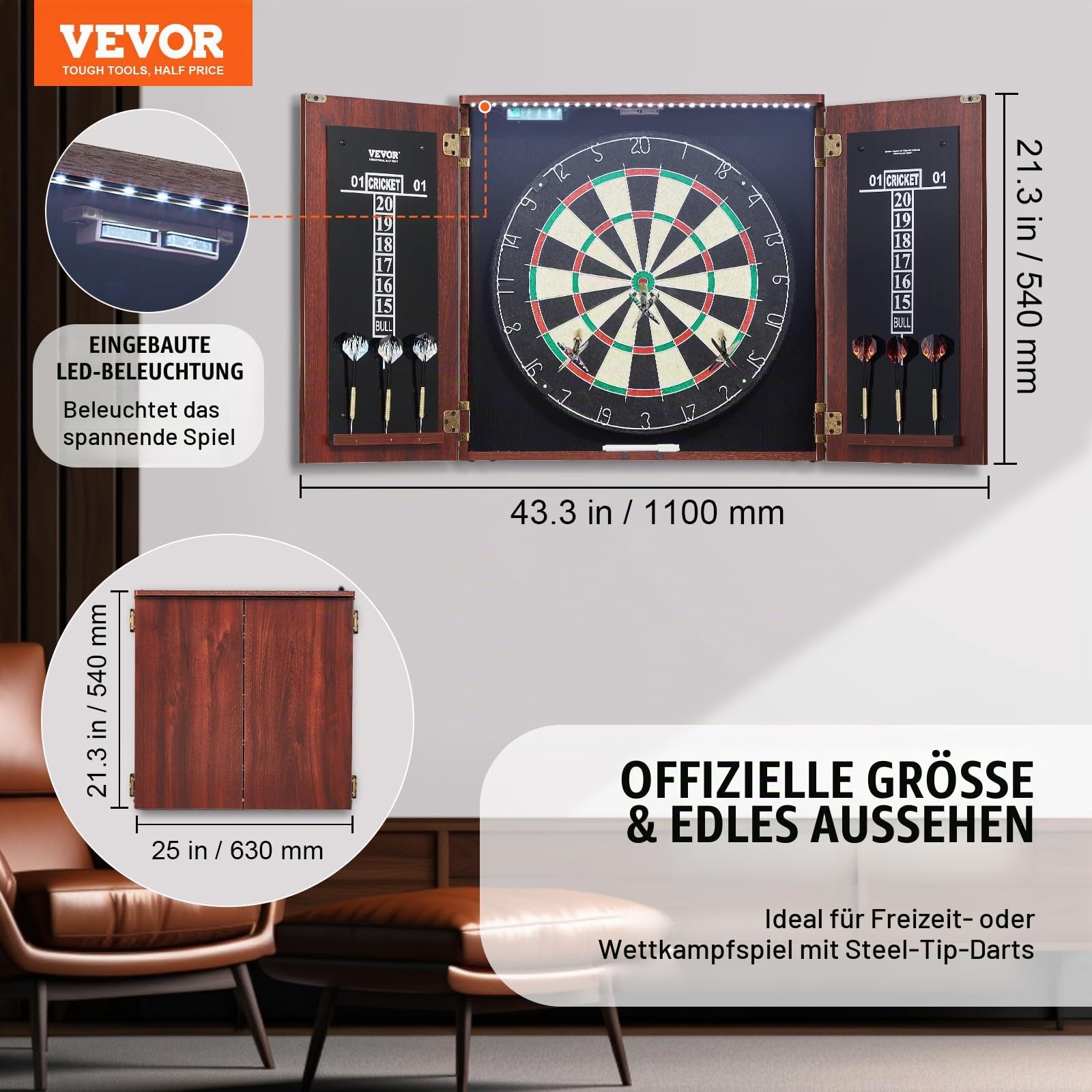 VEVOR Dartboard- und Schrankset, Home Dart Board Center in offizieller Größe, versteckbarer Dartschrank mit Stahlspitzen & mit LED-Licht & einfacher Montage, komplett mit sämtlichem Zubehör