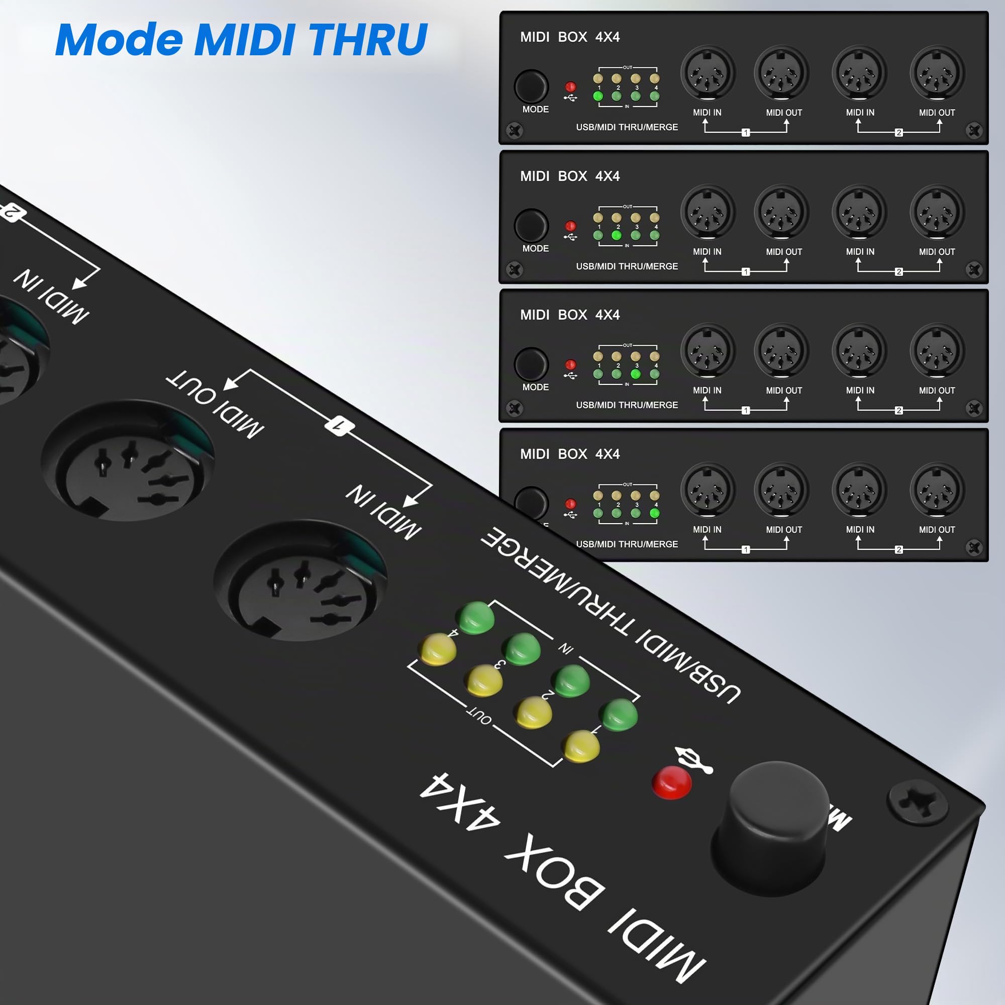 XMSJSIY USB MIDI Interface Box 4 In 4 Out 64 Channel MIDI Thru Box 4 * 4 Convertisseur avec Routeur Merge Splitter Thru Hub avec indicateurs LED pour PC Mac et instruments MIDI USB