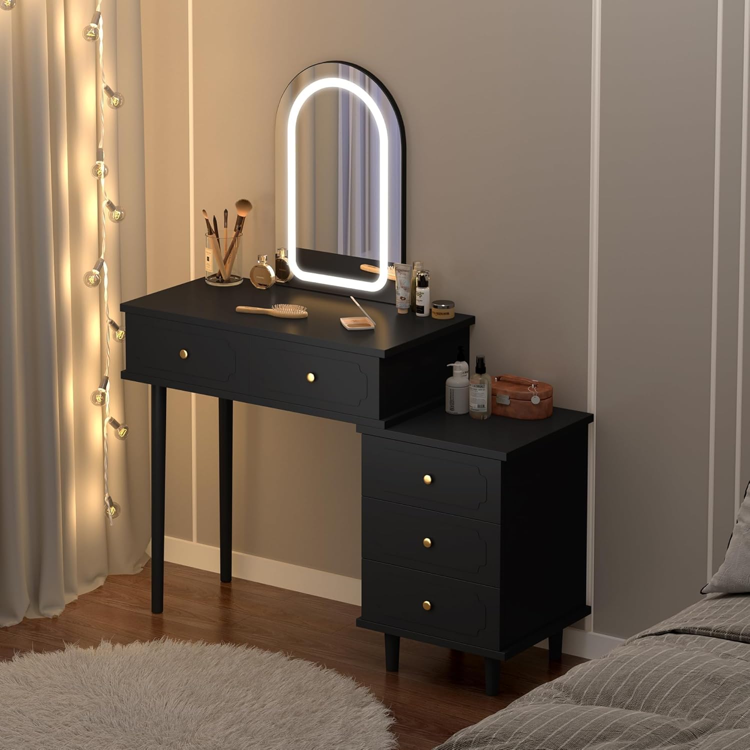 Garvee Modern Makeup Vanity Desk with LED Mirror Lights, 2 Drawers & Adjustable 3-Drawer Cabinet, Wood Dressing Table for Bedroom Storage Organization