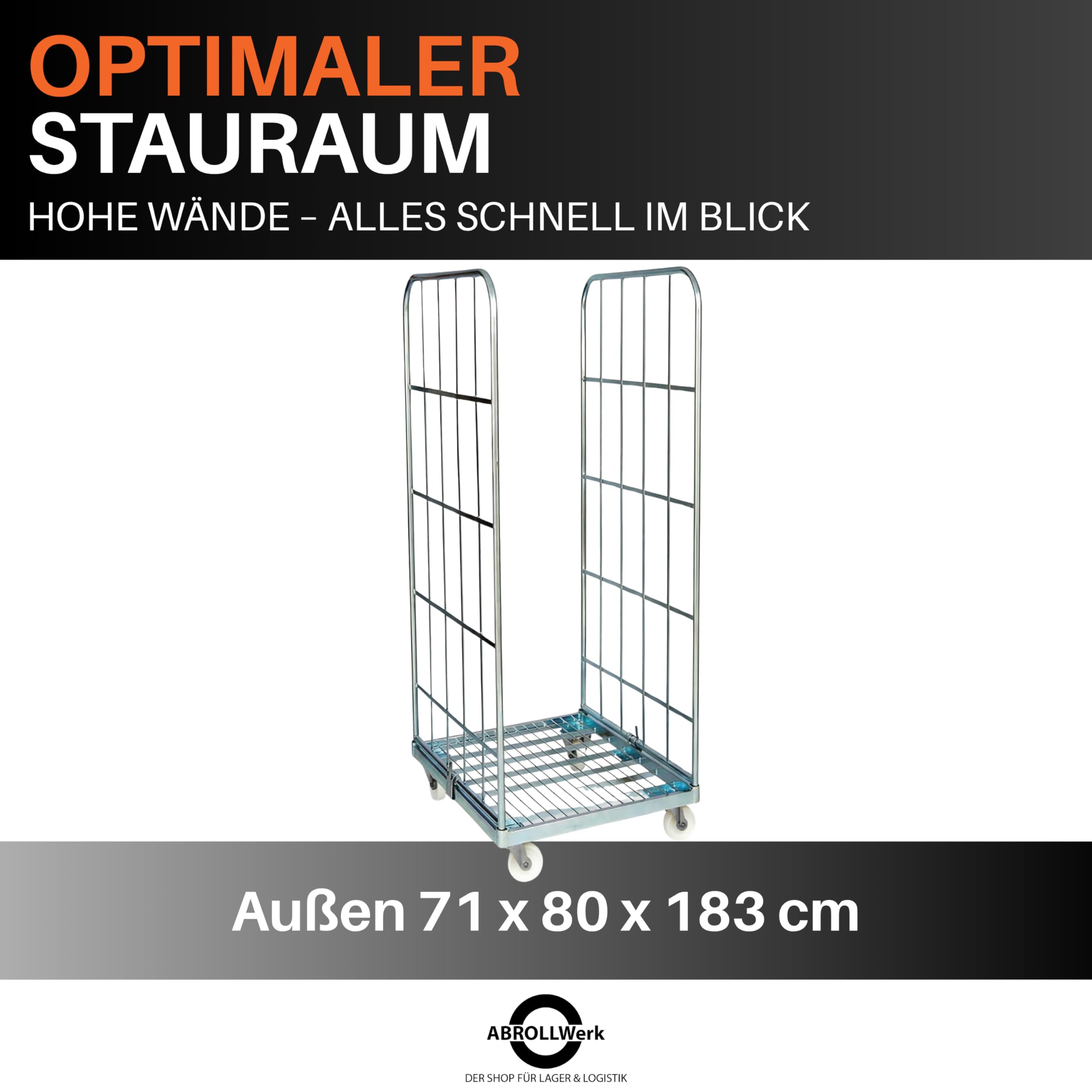 Stahlrollbehälter 1460 – 2-seitiger Gitterwagen mit 500 kg Traglast – Maße 710 x 800 x 1640 mm – Cr3-verzinkter Transportwagen für Lager, Logistik & Einzelhandel – Robuster Rollwagen
