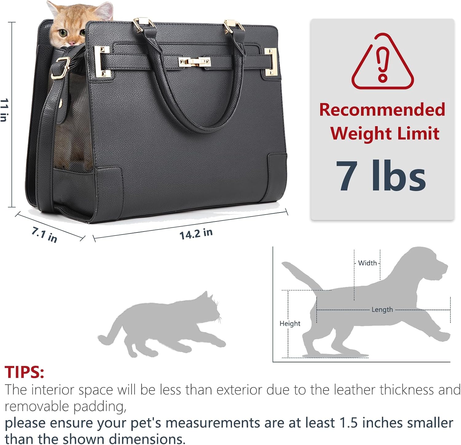 Fashion Dog Purse Carrier for Small Dogs and Cats with 2 Large Pockets PU Leather Pet Carrier Cat Carrier TSA Airline Approved Puppy Kitten Purse Carrier for Travel Hiking Road Trip, Black