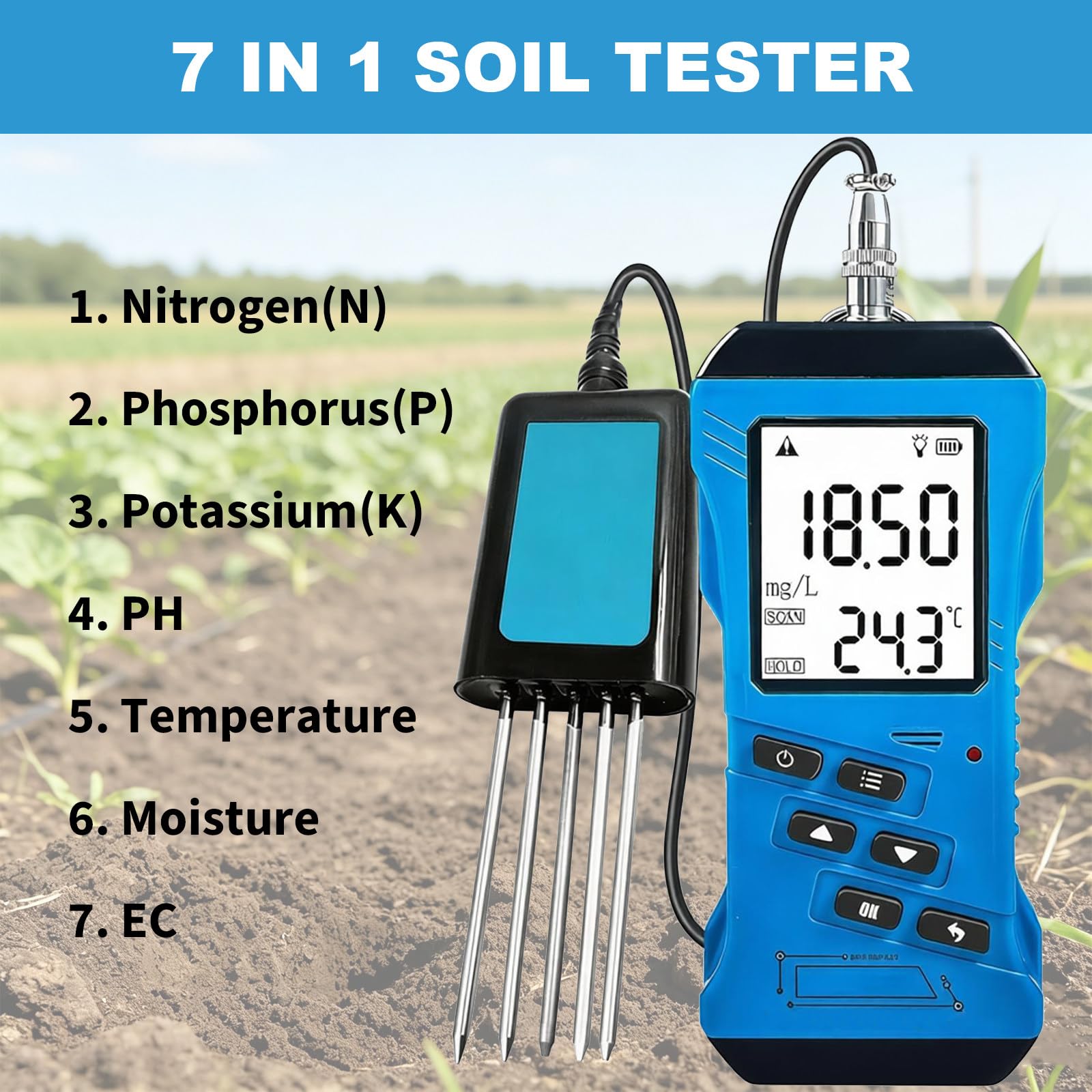 Kit de prueba de suelo 7 en 1, analizador digital de pH y CE, nitrógeno preciso, fósforo, detector de potasio para agricultura y jardinería